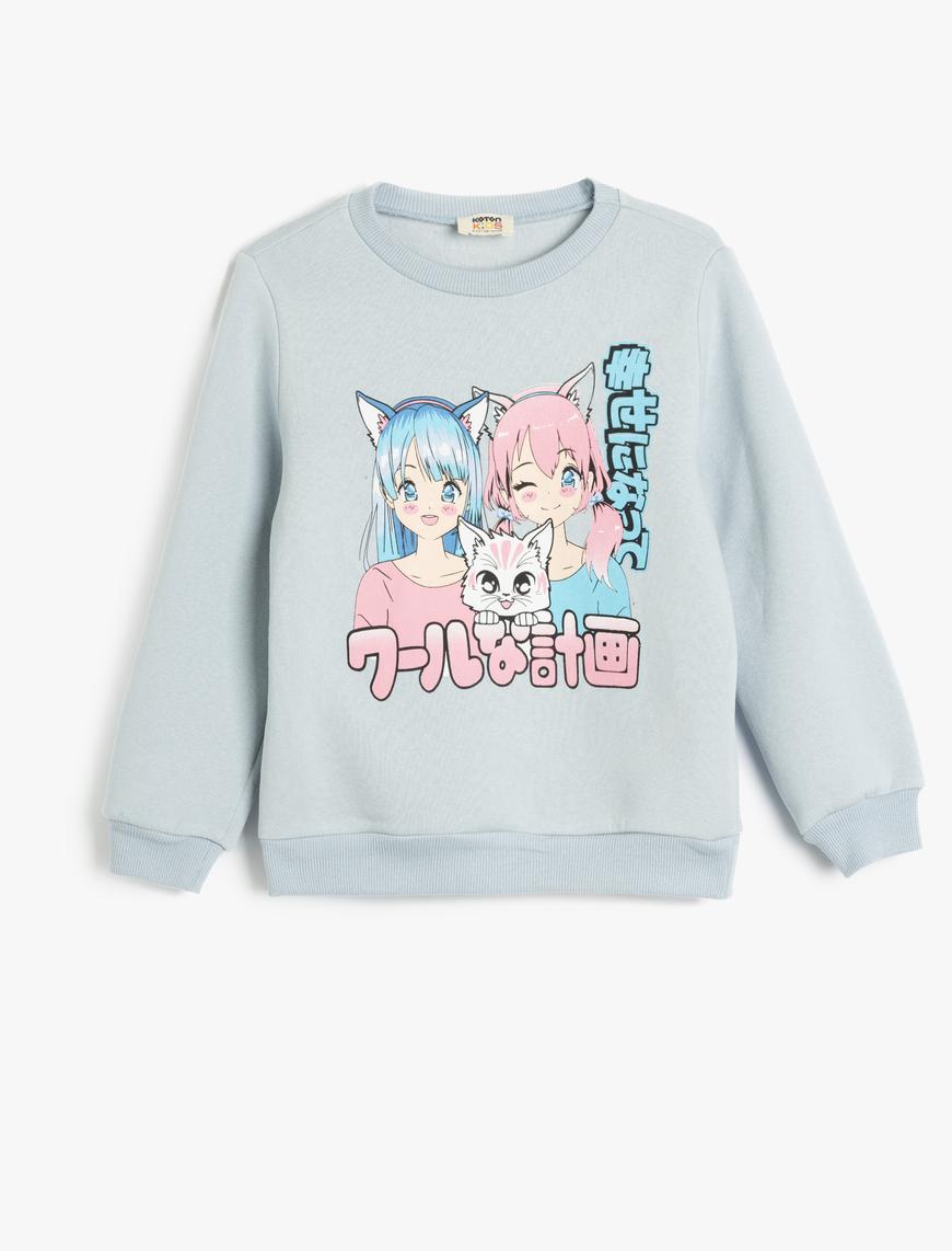  Kız Çocuk Sweatshirt Anime Baskılı Uzun Kollu Bisiklet Yaka