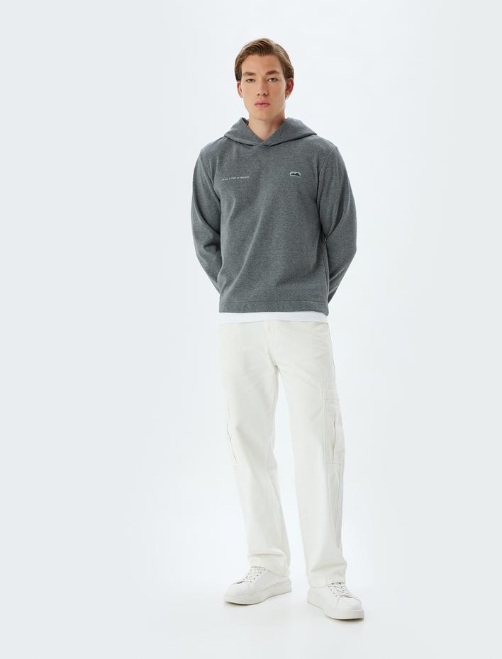  Slogan İşlemeli Yıkamalı Basic Pamuk Karışımlı Kapşonlu Sweatshirt