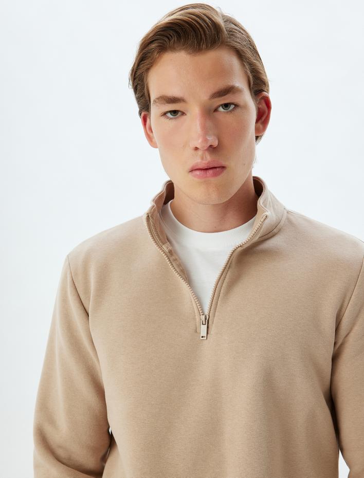  Yarım Fermuarlı Yaka Basic Şardonlu Pamuk Karışımlı Uzun Kollu Sweatshirt