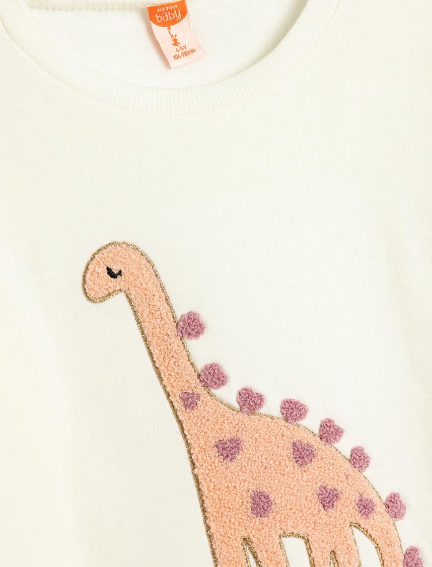  Kız Bebek Dinozorlu Sweatshirt Aplike Detaylı Uzun Kollu Bisiklet Yaka Şardonlu Pamuklu