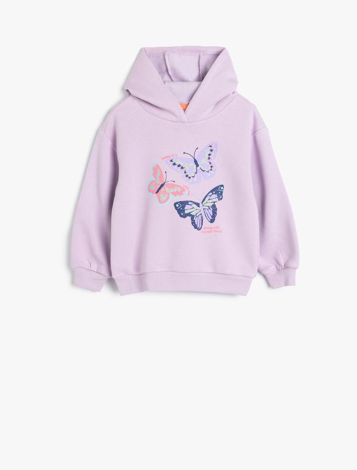 Kız Bebek Kapşonlu Sweatshirt Kelebek Baskılı Uzun Kollu Şardonlu