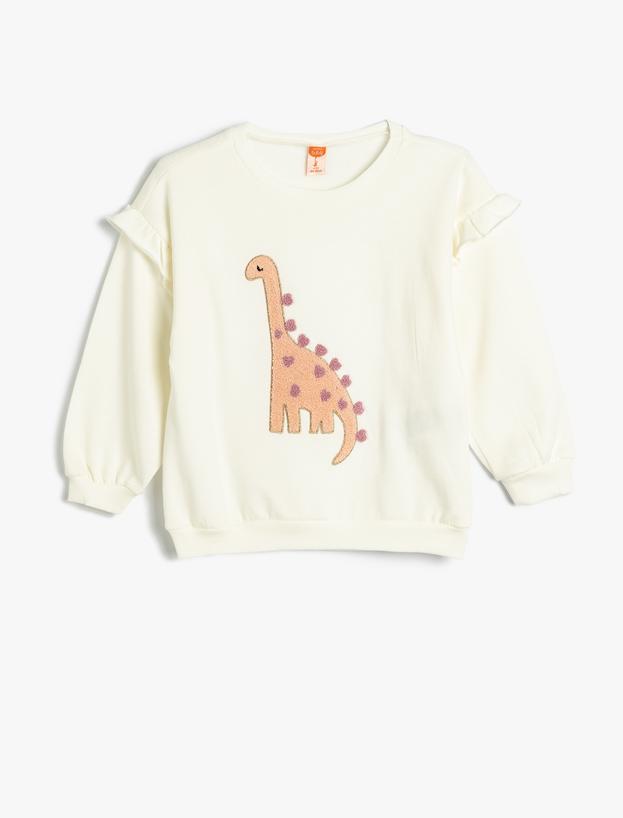 Dinozorlu Sweatshirt Aplike Detaylı Uzun Kollu Bisiklet Yaka Şardonlu Pamuklu_0