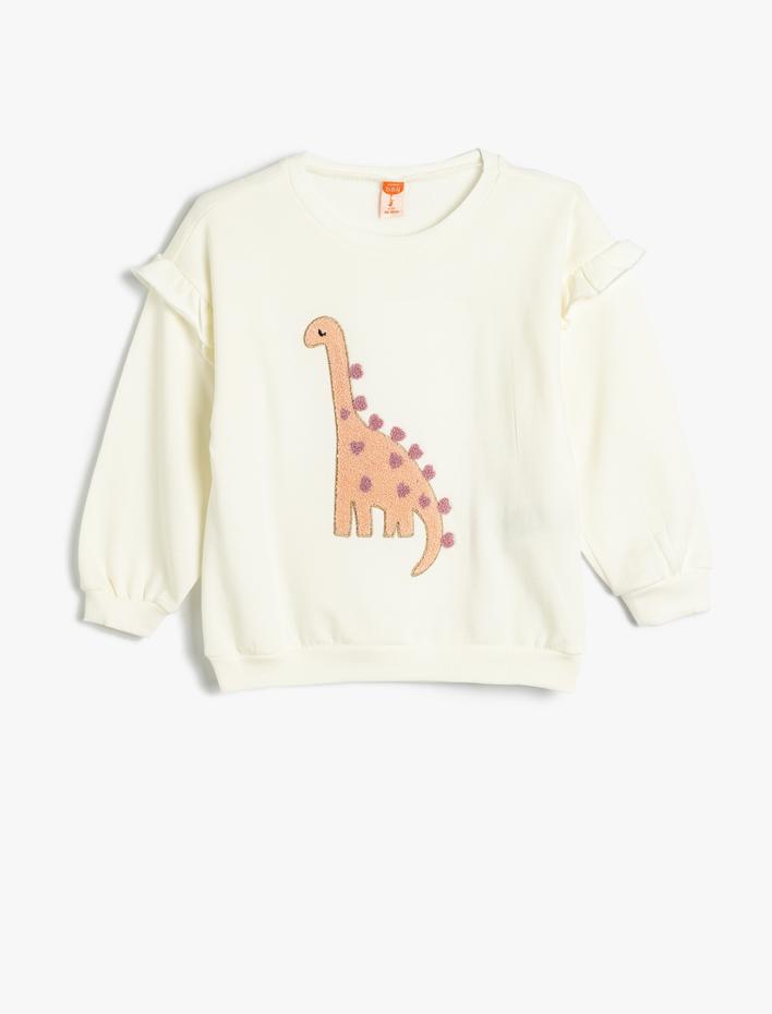 Kız Bebek Dinozorlu Sweatshirt Aplike Detaylı Uzun Kollu Bisiklet Yaka Şardonlu Pamuklu