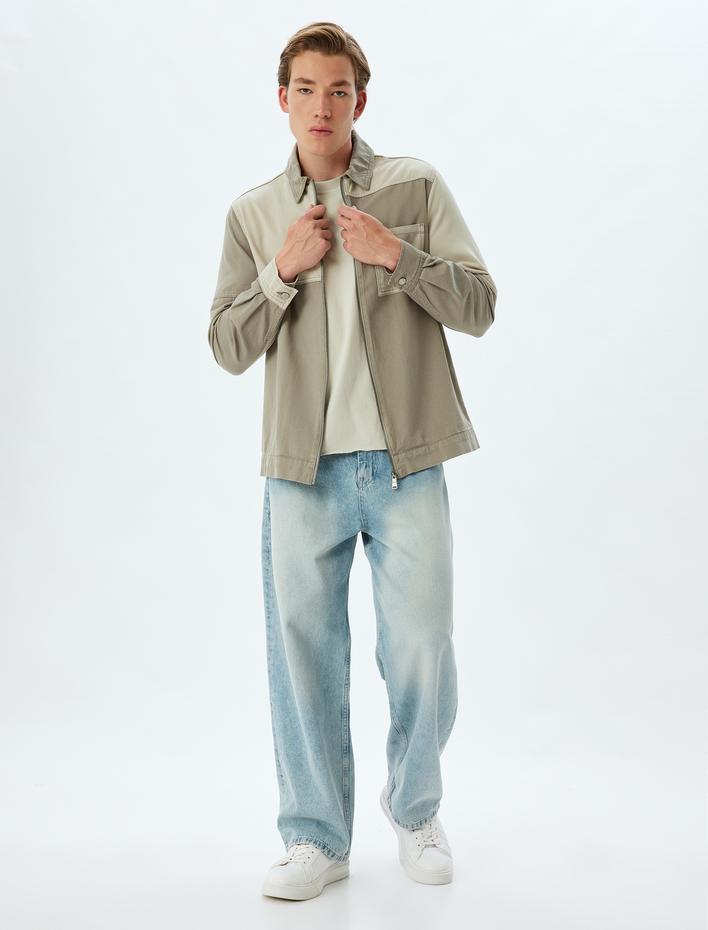  Gömlek Ceket Renk Bloklu Fermuarlı Cep Detaylı Pamuklu