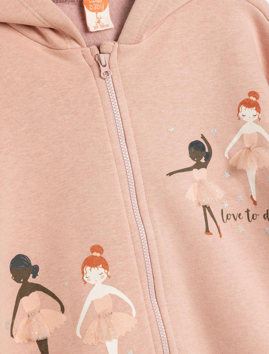  Kız Bebek Kapşonlu Sweatshirt Fermuarlı Uzun Kollu Balerin Baskı Detaylı