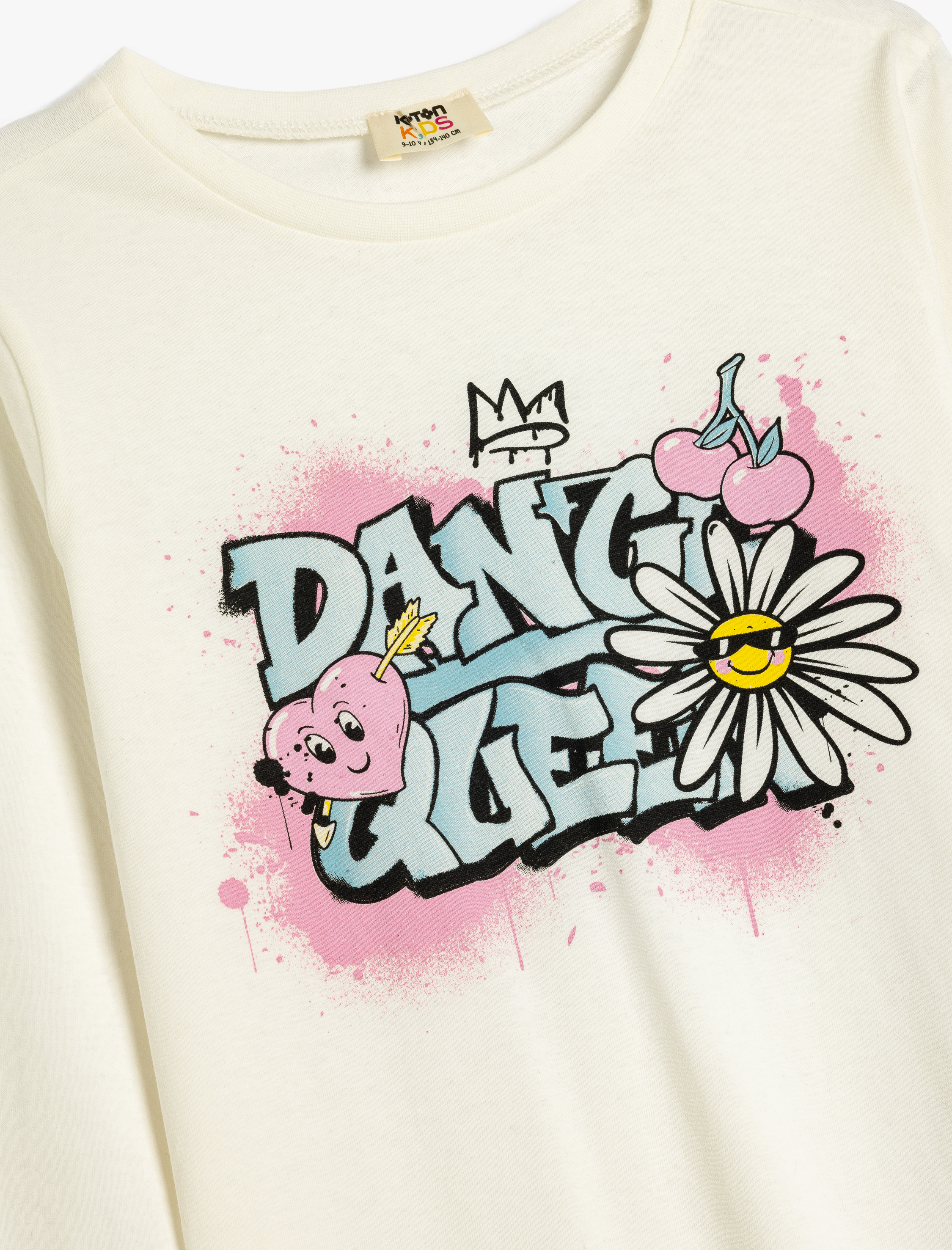  Kız Çocuk Tişört Uzun Kollu Bisiklet Yaka Grafiti Baskılı Pamuklu