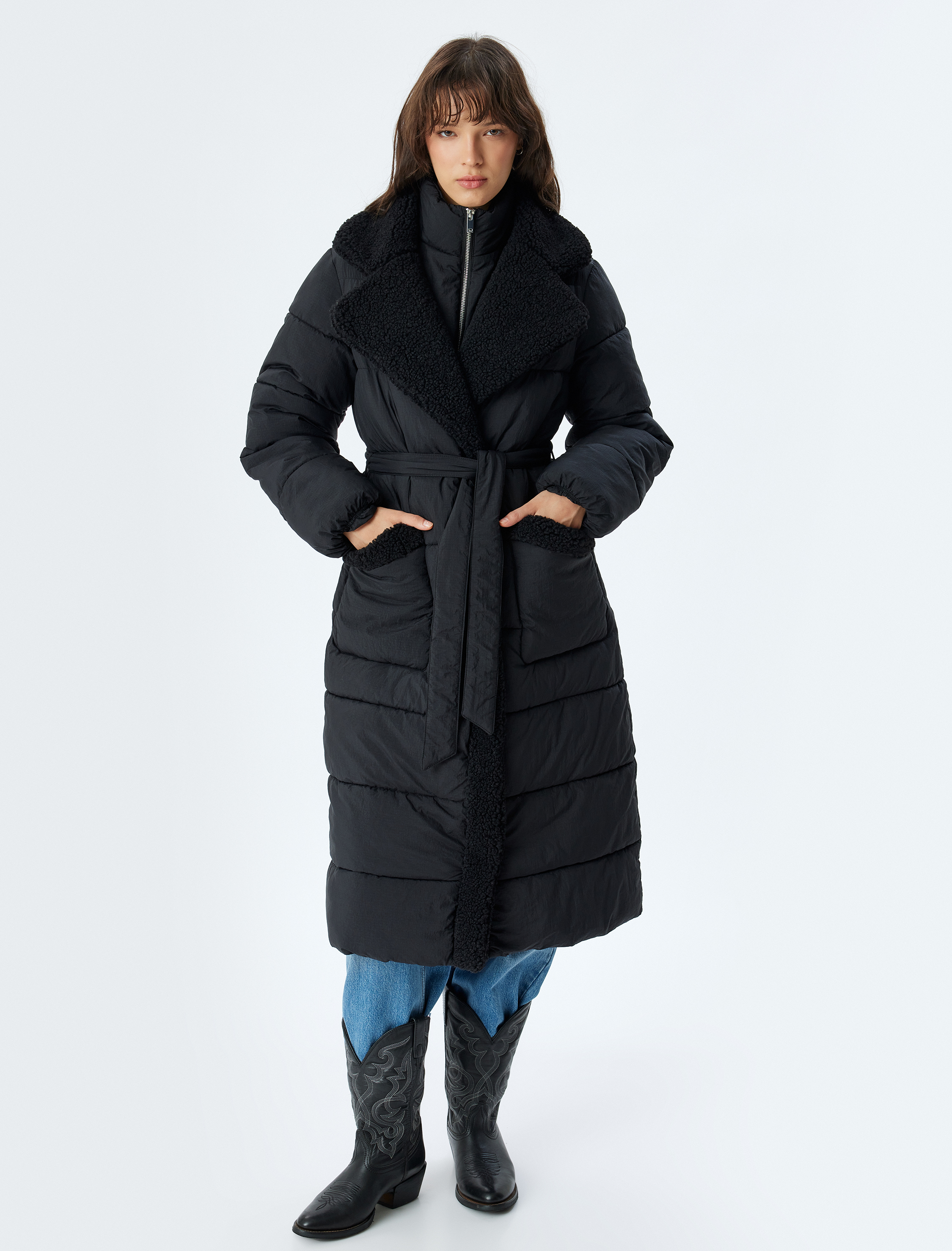   Uzun Şişme Mont Peluş Su İtici Fermuarlı Cepli