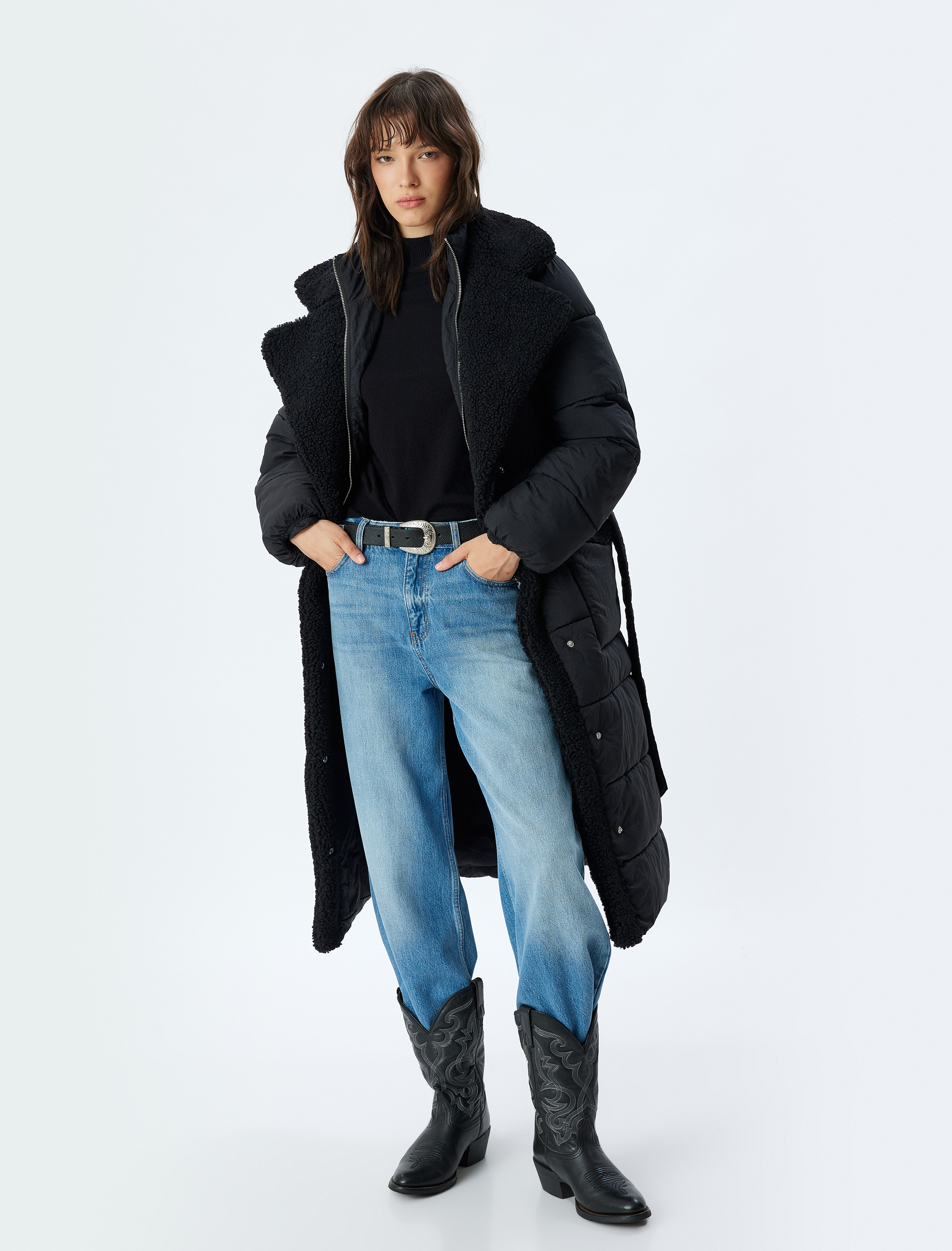   Uzun Şişme Mont Peluş Su İtici Fermuarlı Cepli