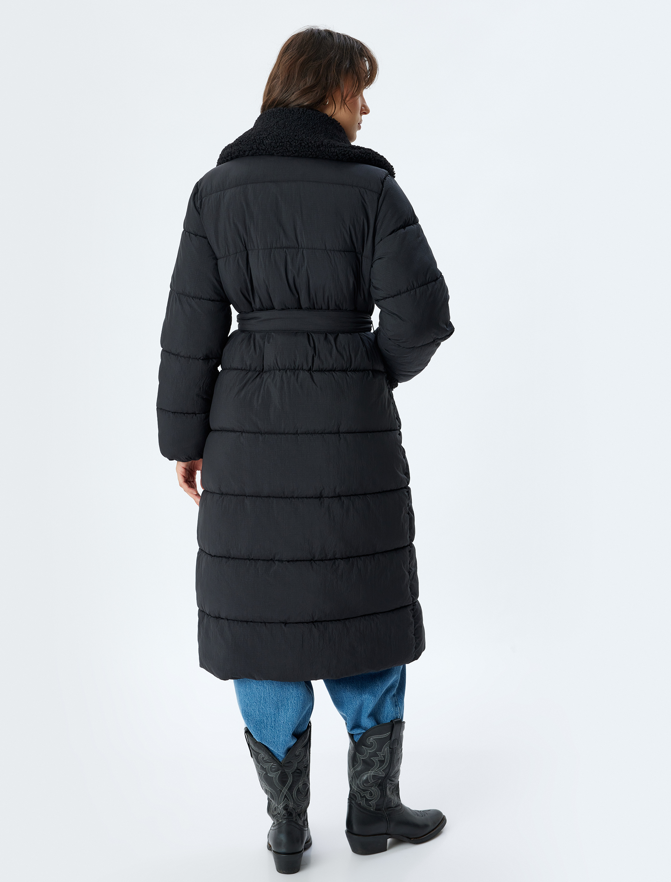   Uzun Şişme Mont Peluş Su İtici Fermuarlı Cepli