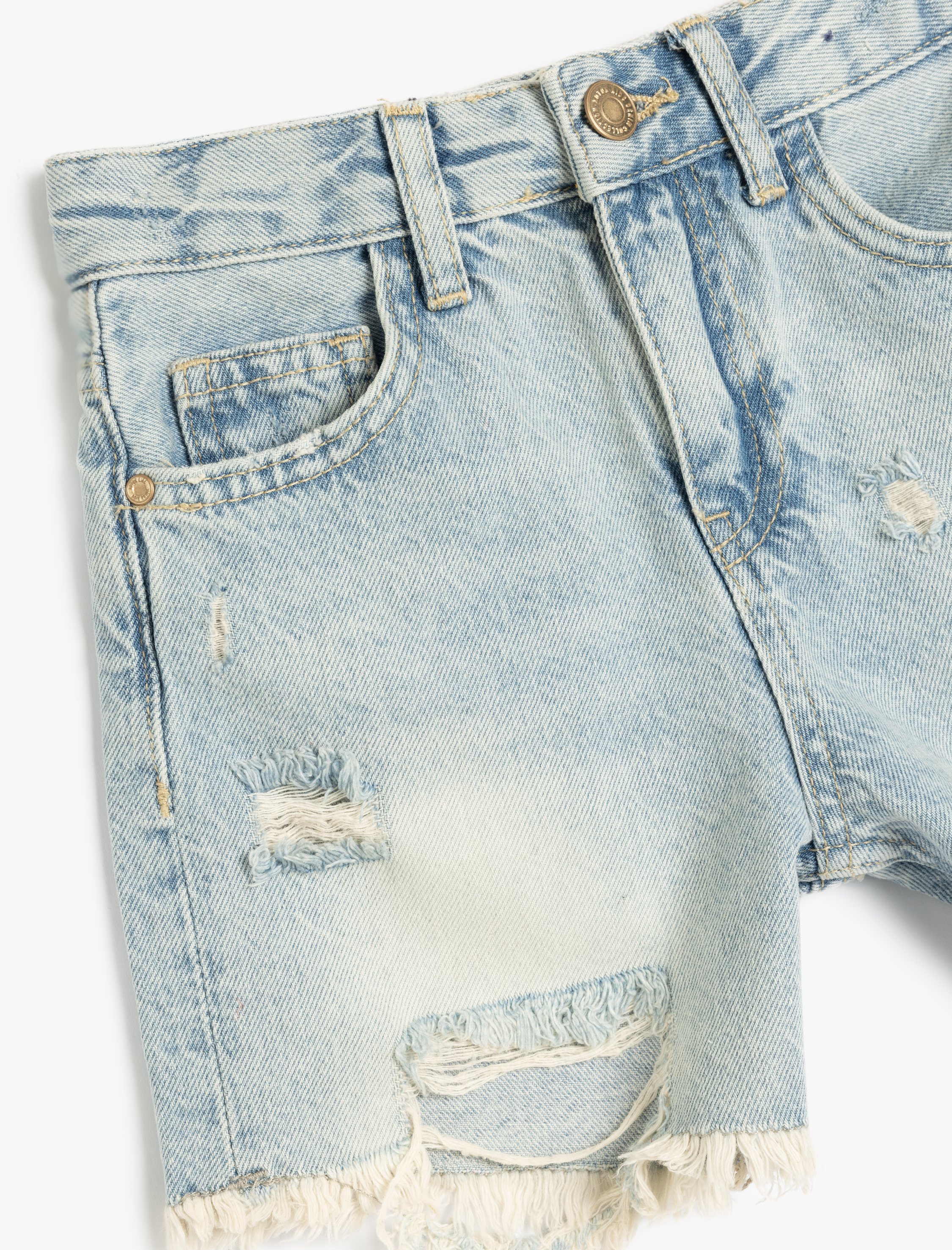  Kız Çocuk Yırtık Mini Kot Şort Cep Detaylı Düğmeli Pamuklu