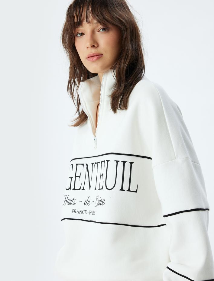  Oversize Sweatshirt Yarım Fermuarlı Dik Yaka Baskılı Üç İplik Şardonlu