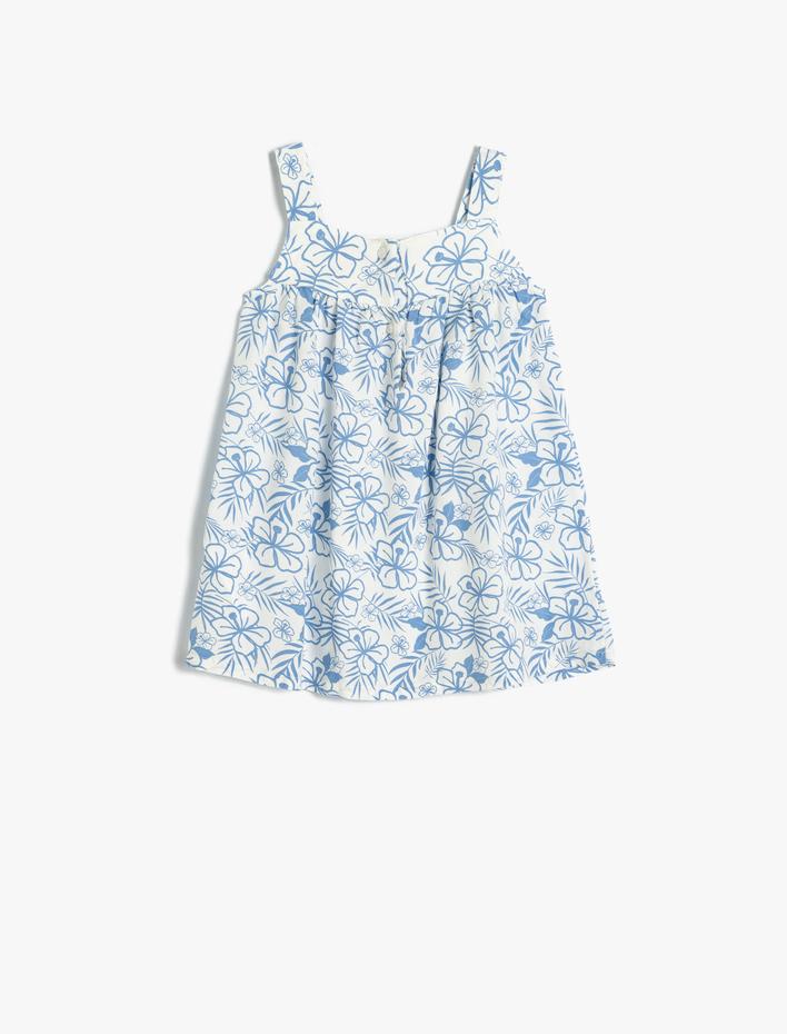 Kız Bebek Askılı Elbise Çiçek Desenli Kare Yaka Viskon Kumaş