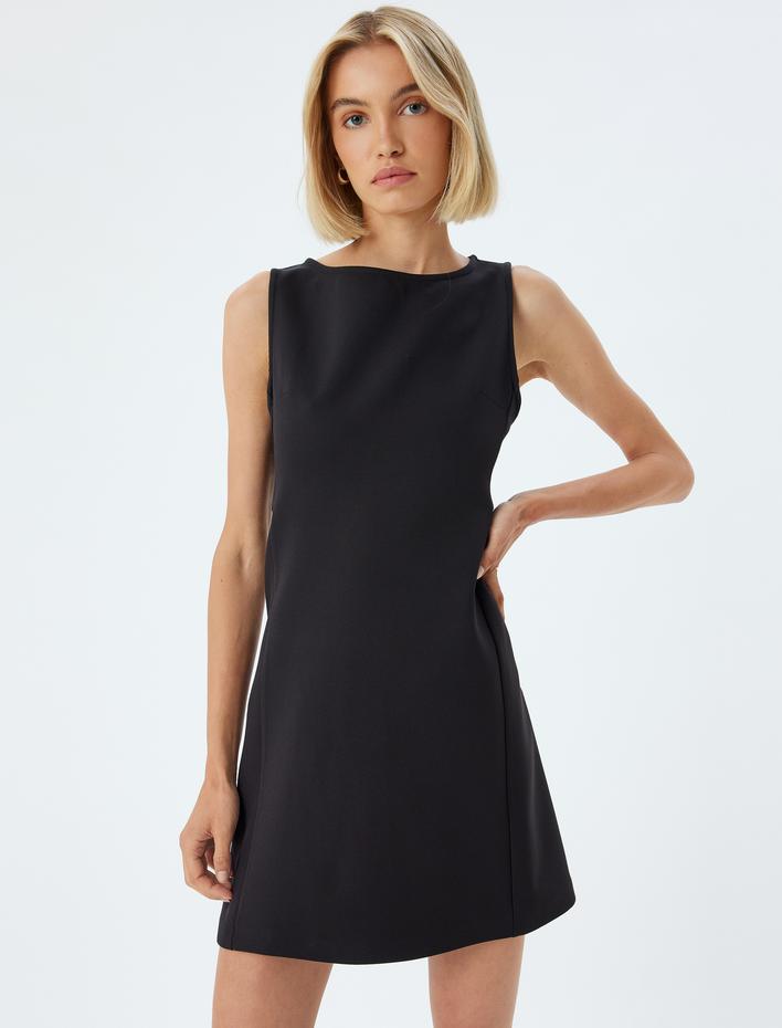  Mini Elbise Kolsuz Yuvarlak Yaka A Kesim