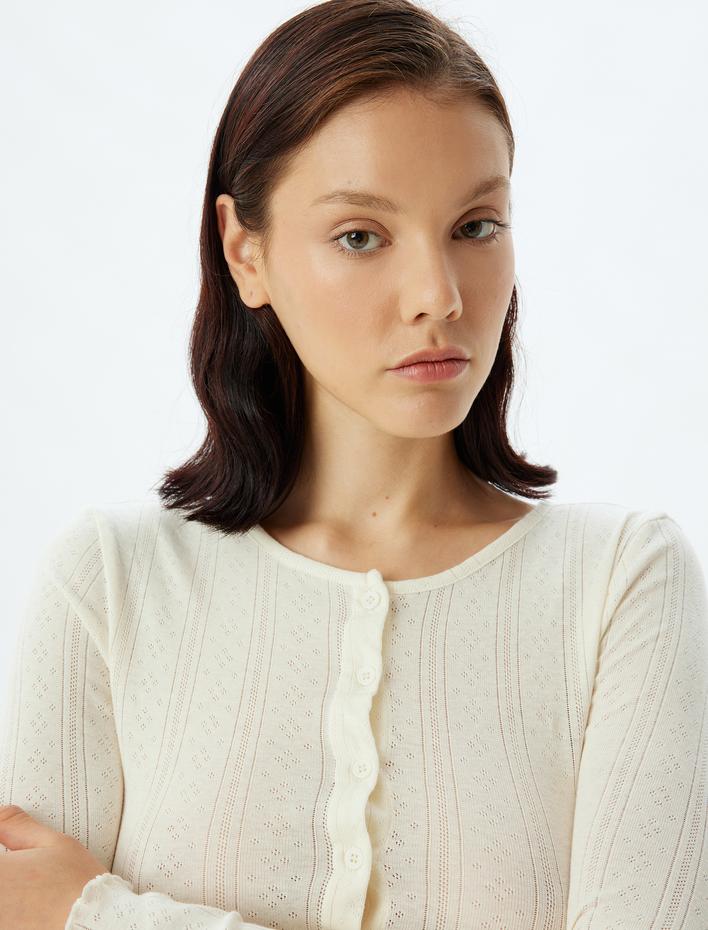  Örme Crop Pijama Üstü Düğmeli Yuvarlak Yaka Uzun Kollu