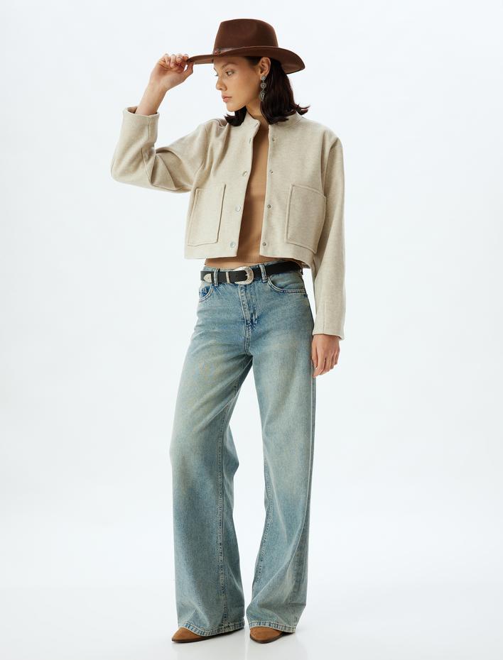  Cepli Düğmeli Yuvarlak Yaka Crop Bomber Ceket