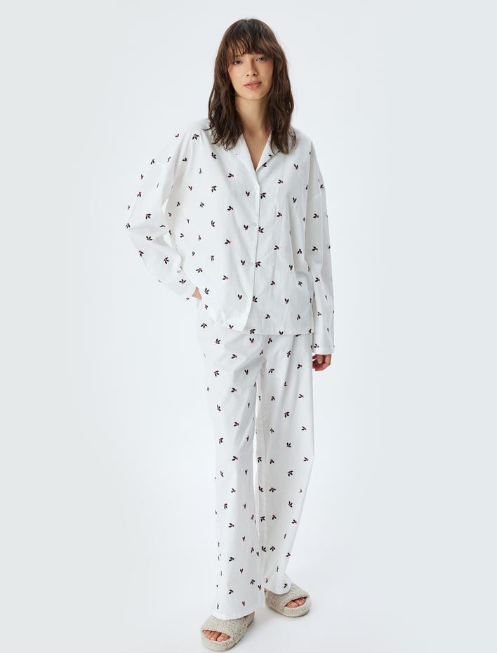  Yılbaşı Temalı Pijama Üstü Çiçek İşlemeli Gömlek Yaka Düğmeli Pamuklu