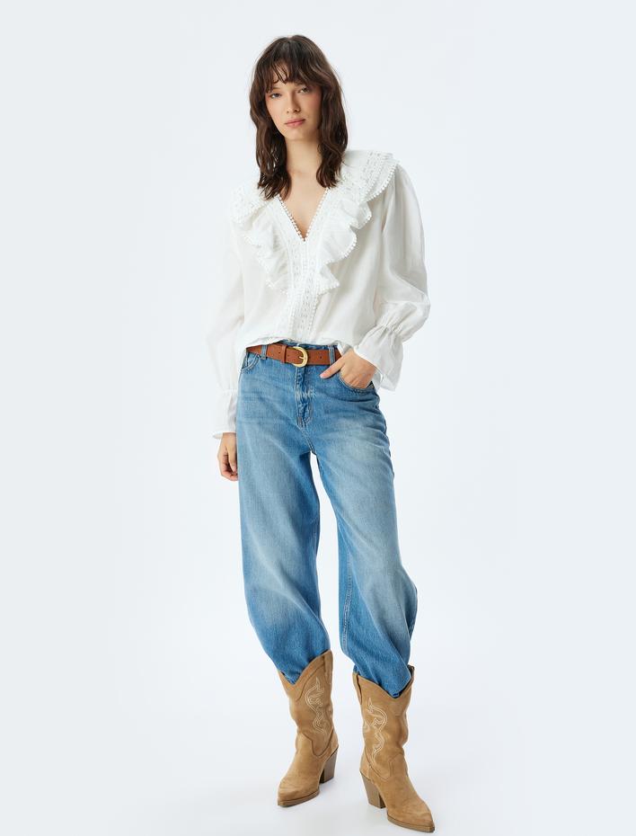  Fırfırlı Dantelli Bluz V Yaka Uzun Kollu Pamuklu