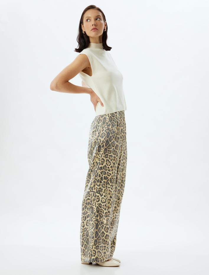  Yüksek Bel Viskon Leopar Desenli Palazzo Pantolon