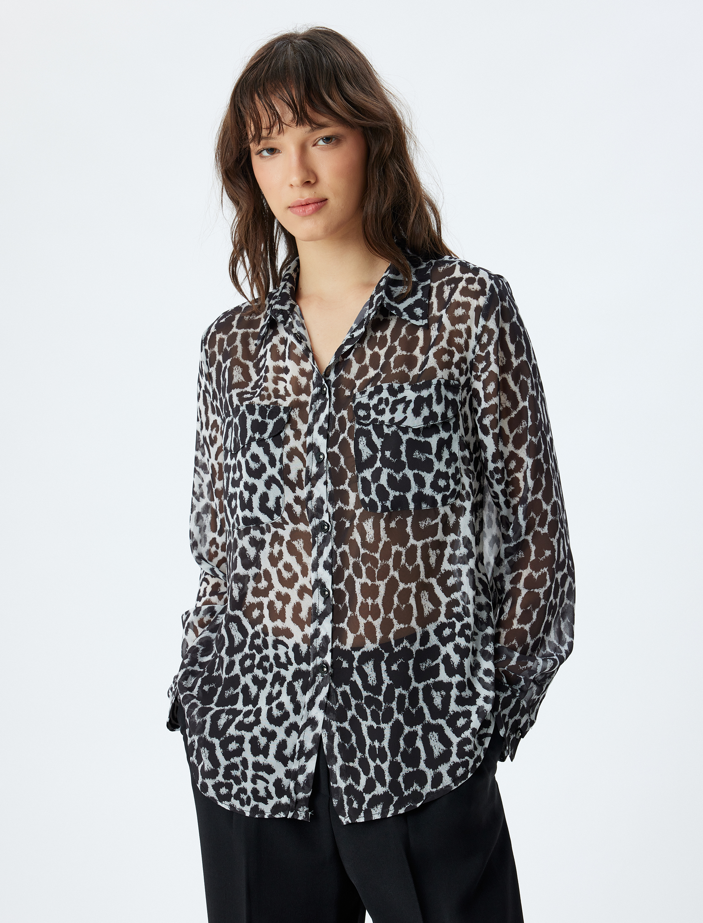 Leopar Şifon Gömlek Uzun Kollu Cep Detaylı Regular Fit