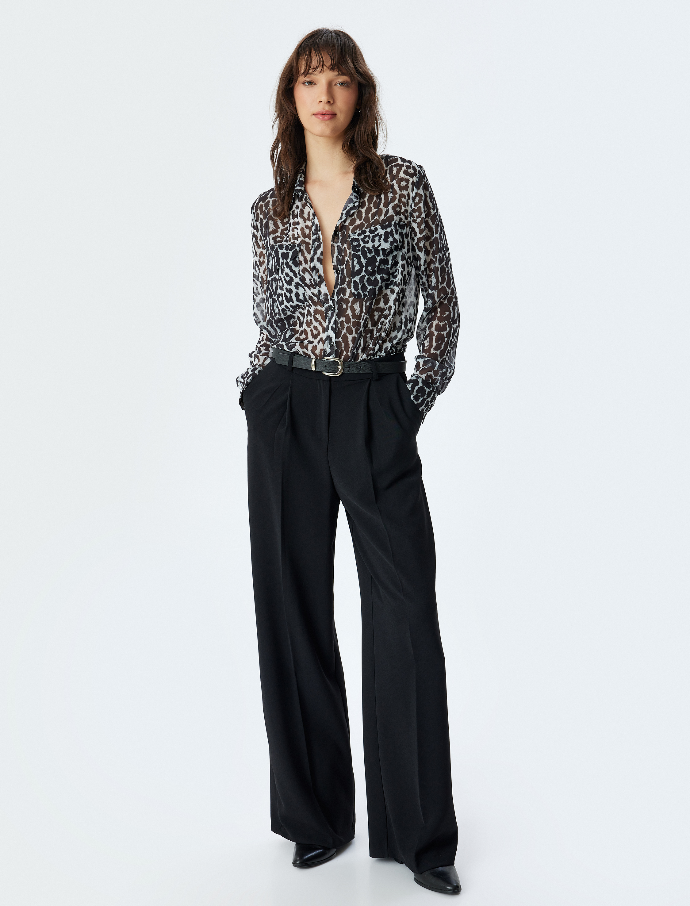 Leopar Şifon Gömlek Uzun Kollu Cep Detaylı Regular Fit