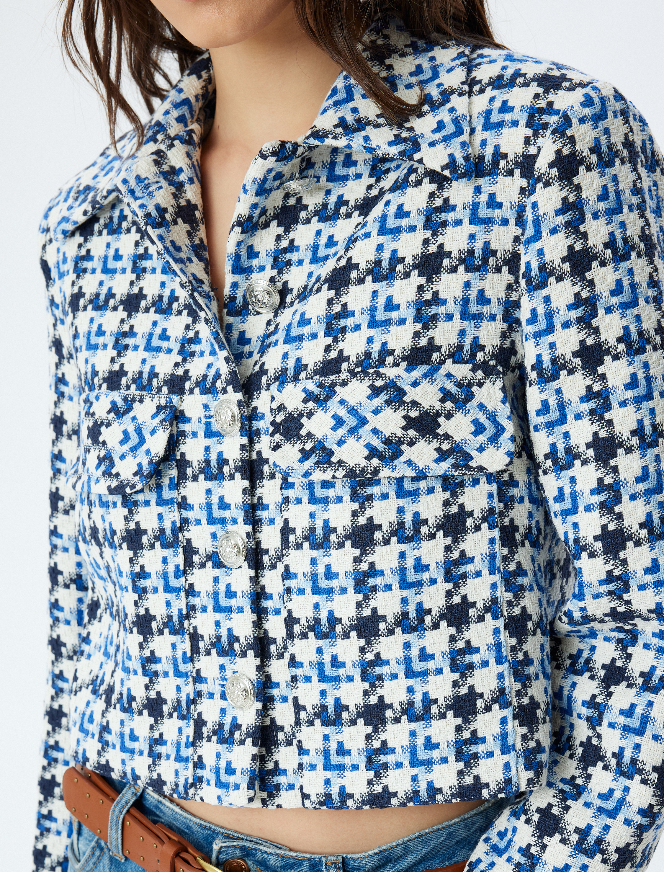 Crop Tüvit Ceket Gömlek Yaka Cep Detaylı Düğmeli