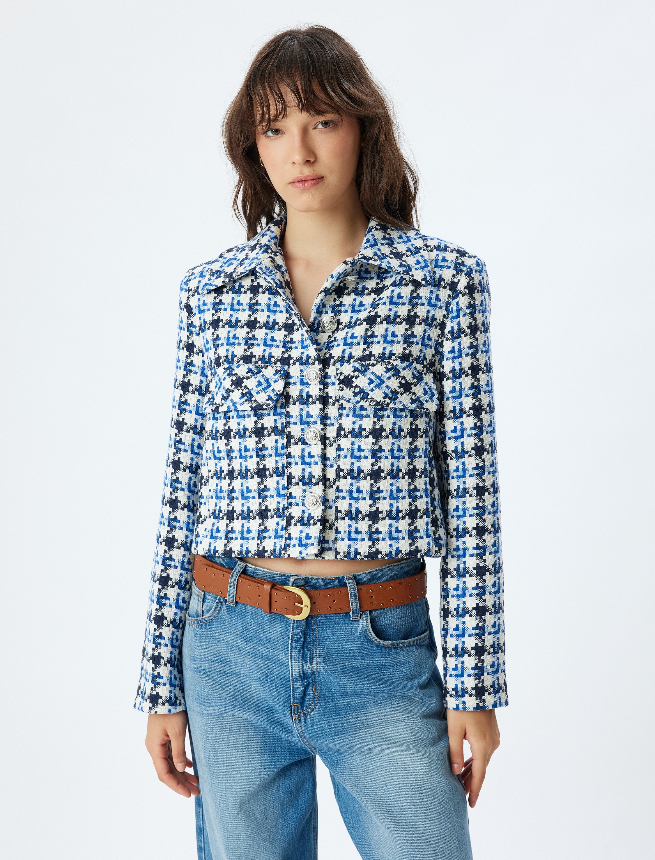 Crop Tüvit Ceket Gömlek Yaka Cep Detaylı Düğmeli