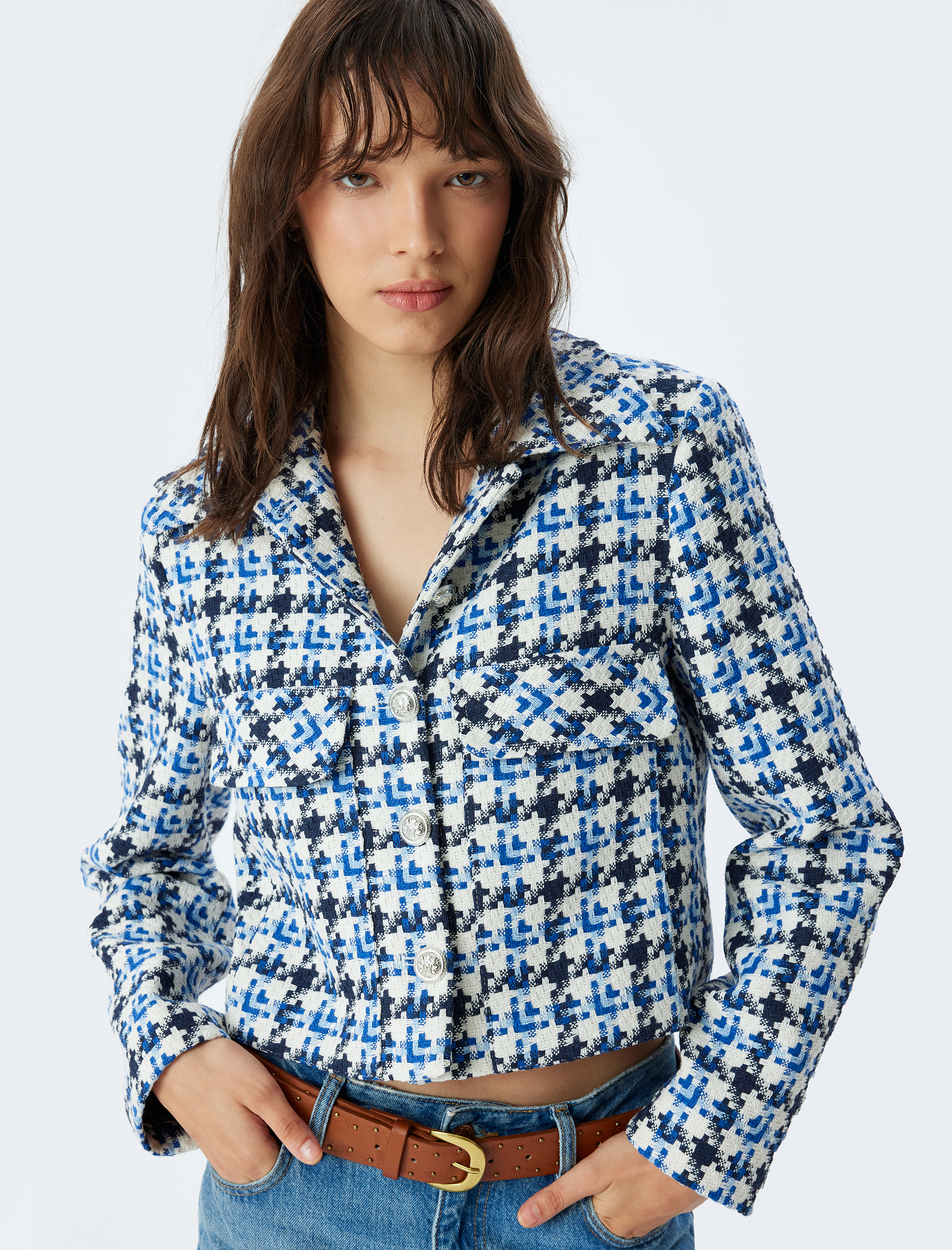 Crop Tüvit Ceket Gömlek Yaka Cep Detaylı Düğmeli