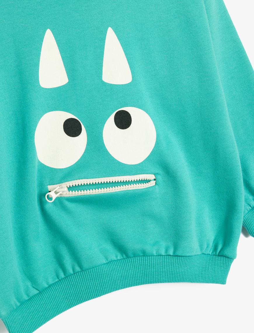  Erkek Bebek Sweatshirt Canavar Baskılı Uzun Kollu Bisiklet Yaka