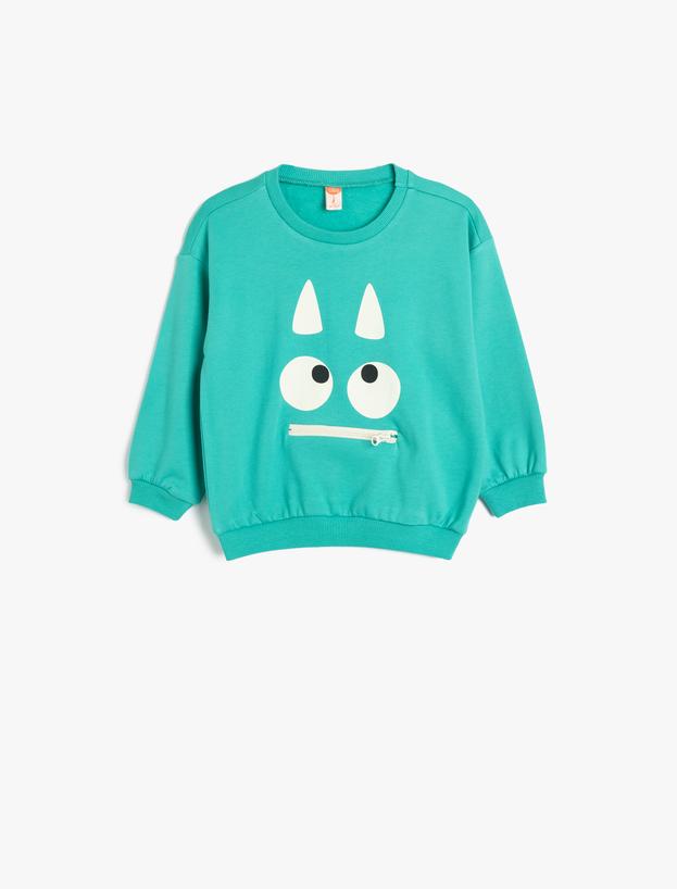 Sweatshirt Canavar Baskılı Uzun Kollu Bisiklet Yaka_0