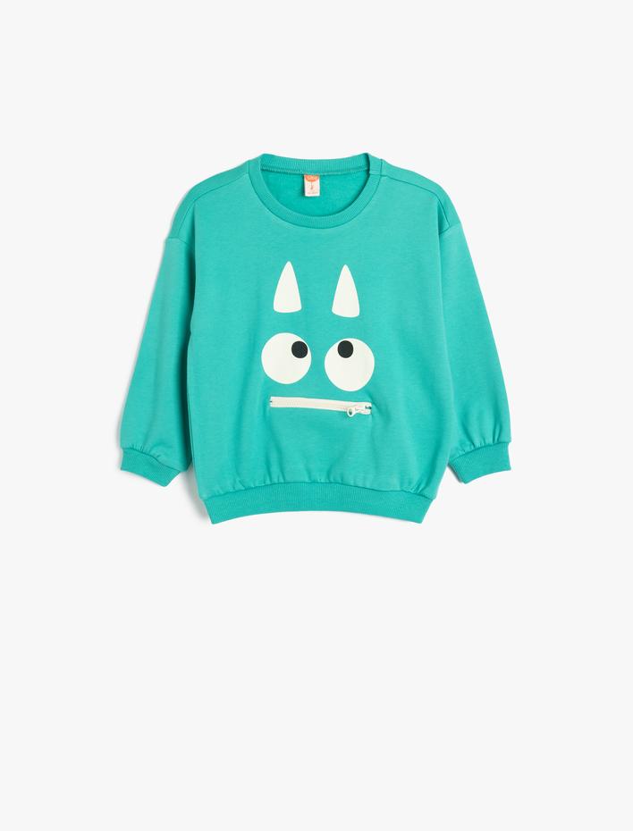 Erkek Bebek Sweatshirt Canavar Baskılı Uzun Kollu Bisiklet Yaka