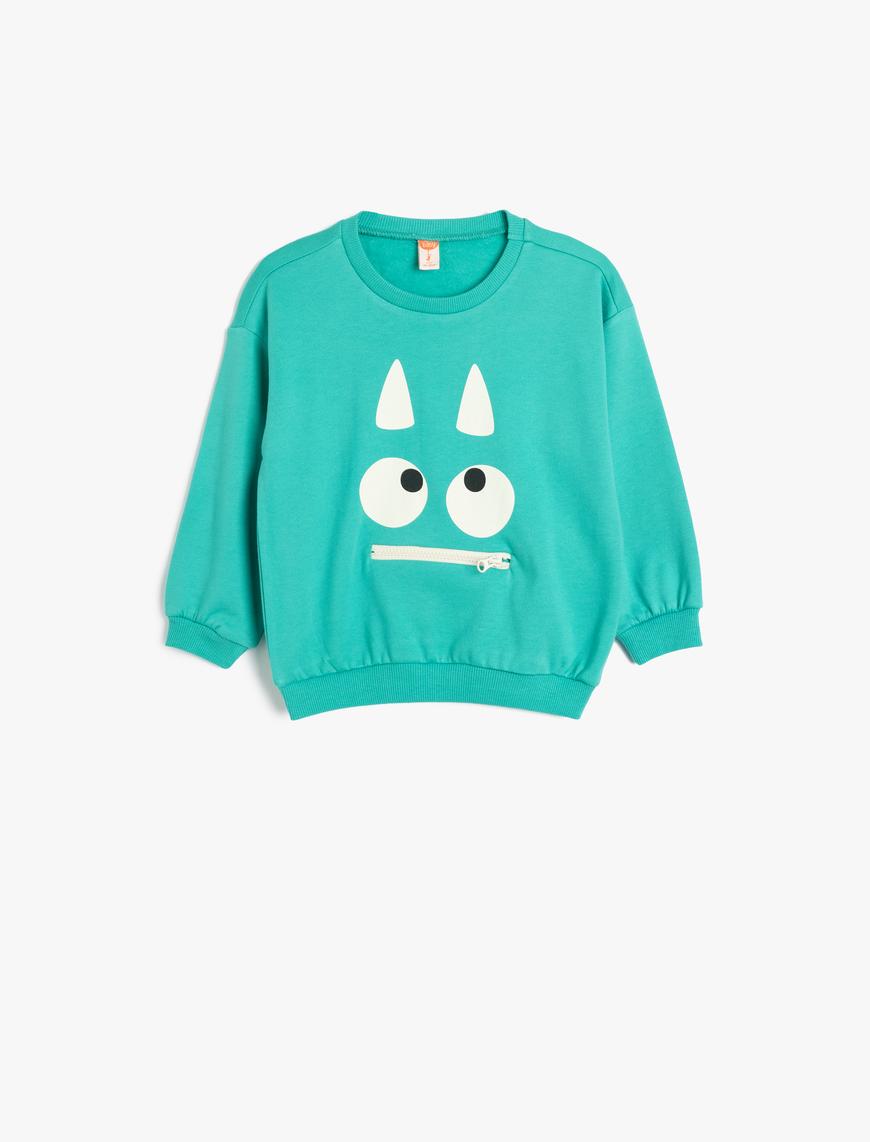  Erkek Bebek Sweatshirt Canavar Baskılı Uzun Kollu Bisiklet Yaka