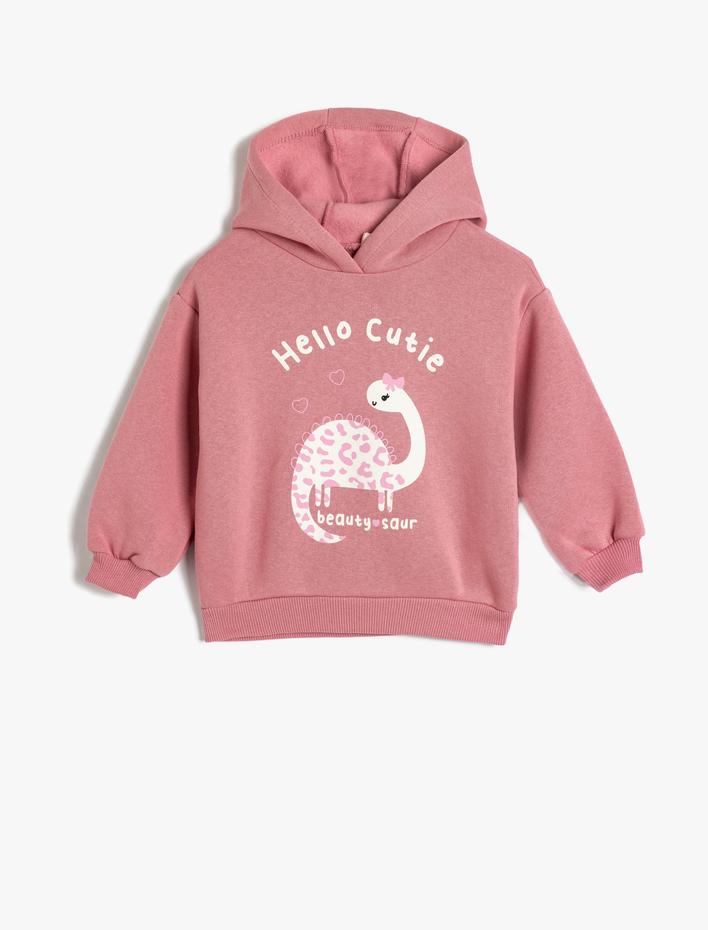 Kız Bebek Kapşonlu Sweatshirt Dinozor Baskılı Uzun Kollu