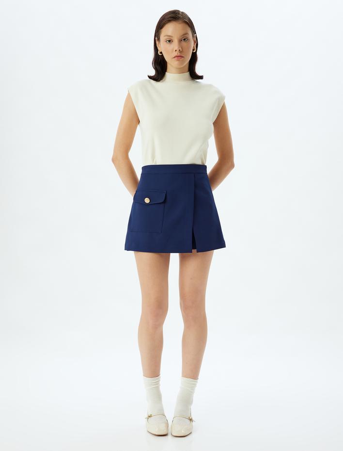  Kruvaze Yüksek Bel Cep Detaylı Mini Şort Etek