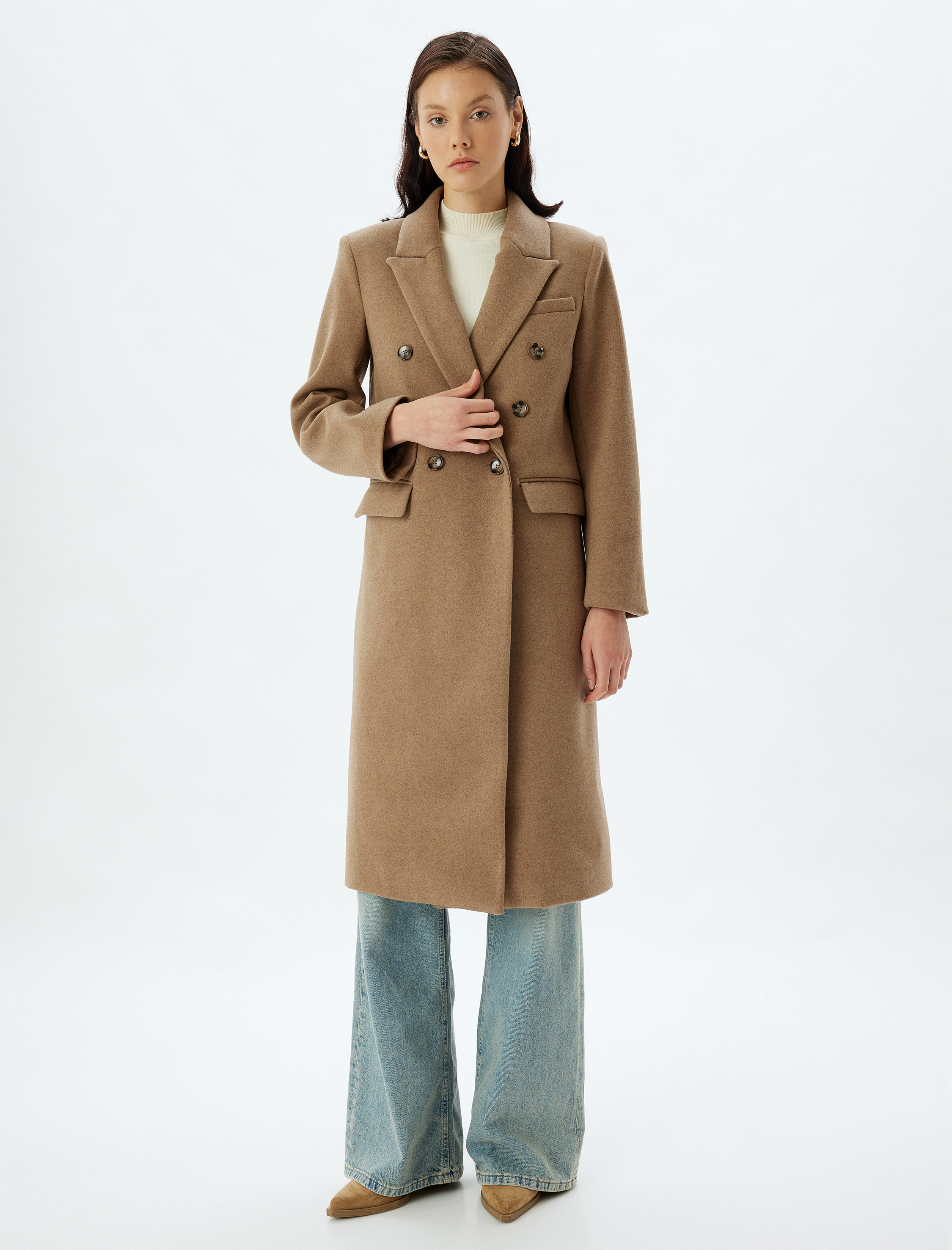   Kruvaze Düğmeli Uzun Kaşe Kaban