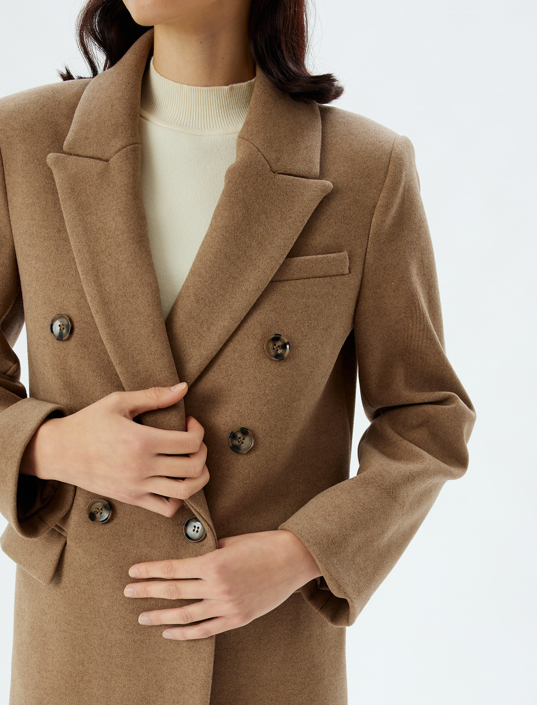   Kruvaze Düğmeli Uzun Kaşe Kaban