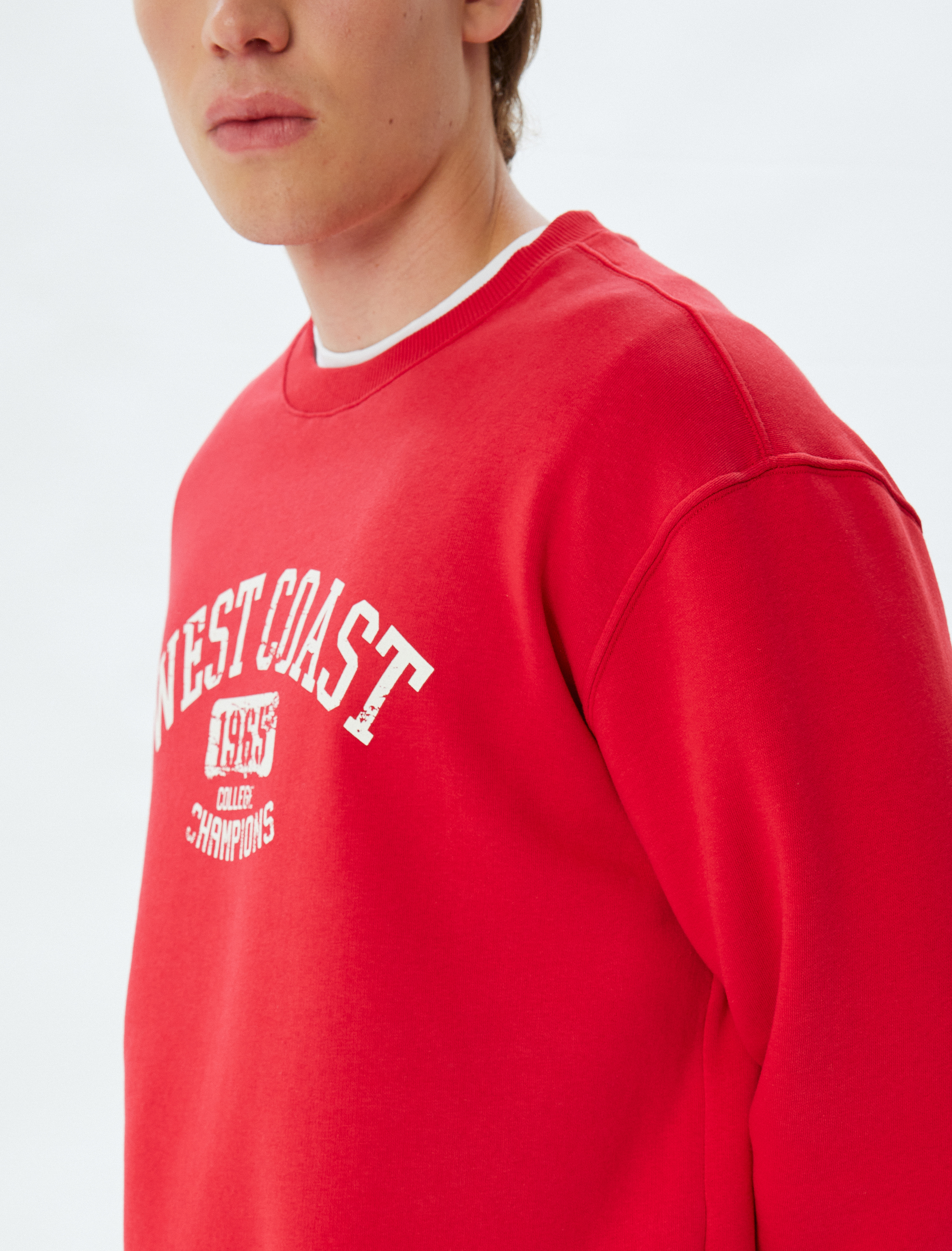 Oversize Sweatshirt Kolej Baskılı Bisiklet Yaka Şardonlu Pamuk Karışımlı