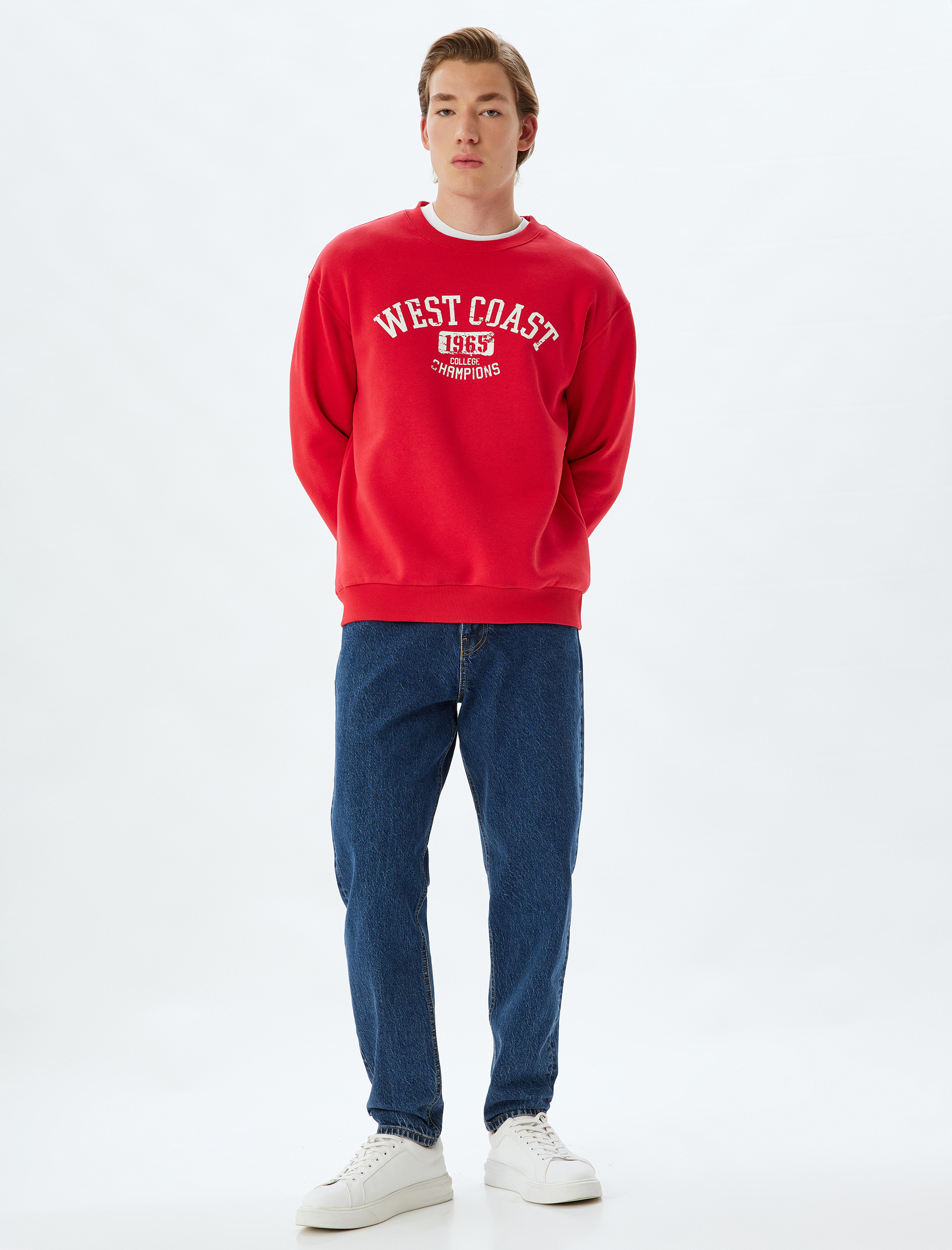 Oversize Sweatshirt Kolej Baskılı Bisiklet Yaka Şardonlu Pamuk Karışımlı
