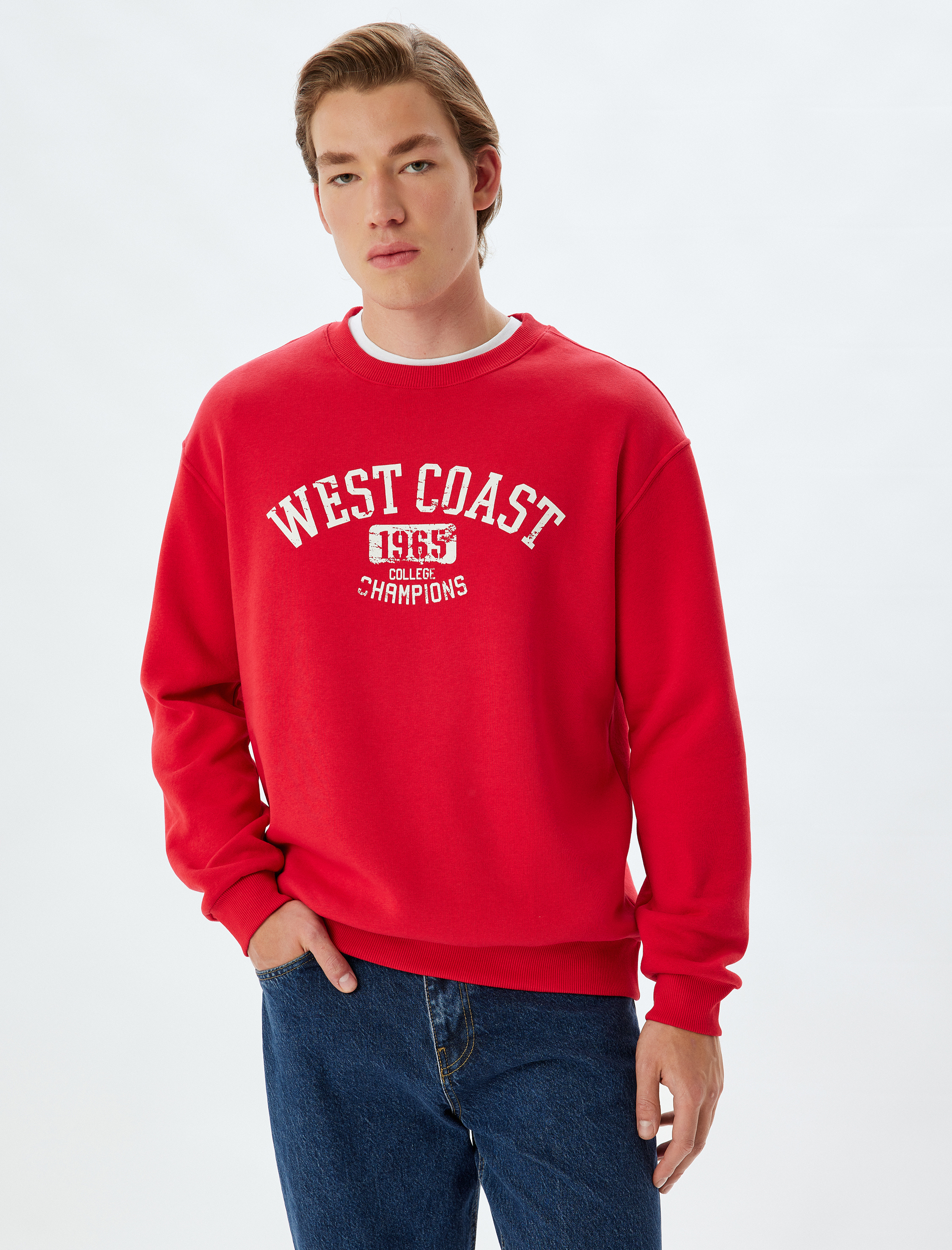 Oversize Sweatshirt Kolej Baskılı Bisiklet Yaka Şardonlu Pamuk Karışımlı