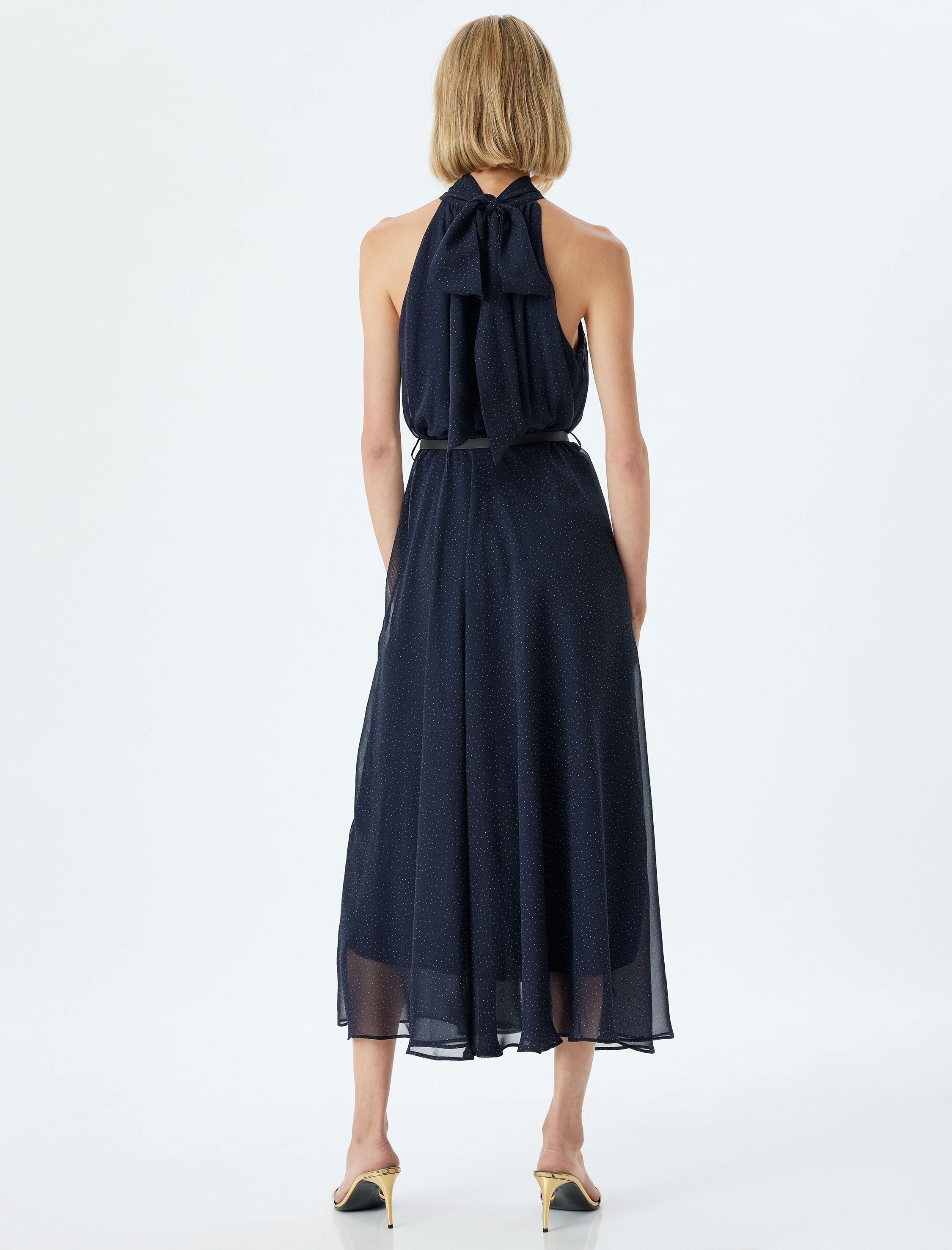   Puantiyeli Halter Yaka Elbise Midi Boy Kemerli Astarlı