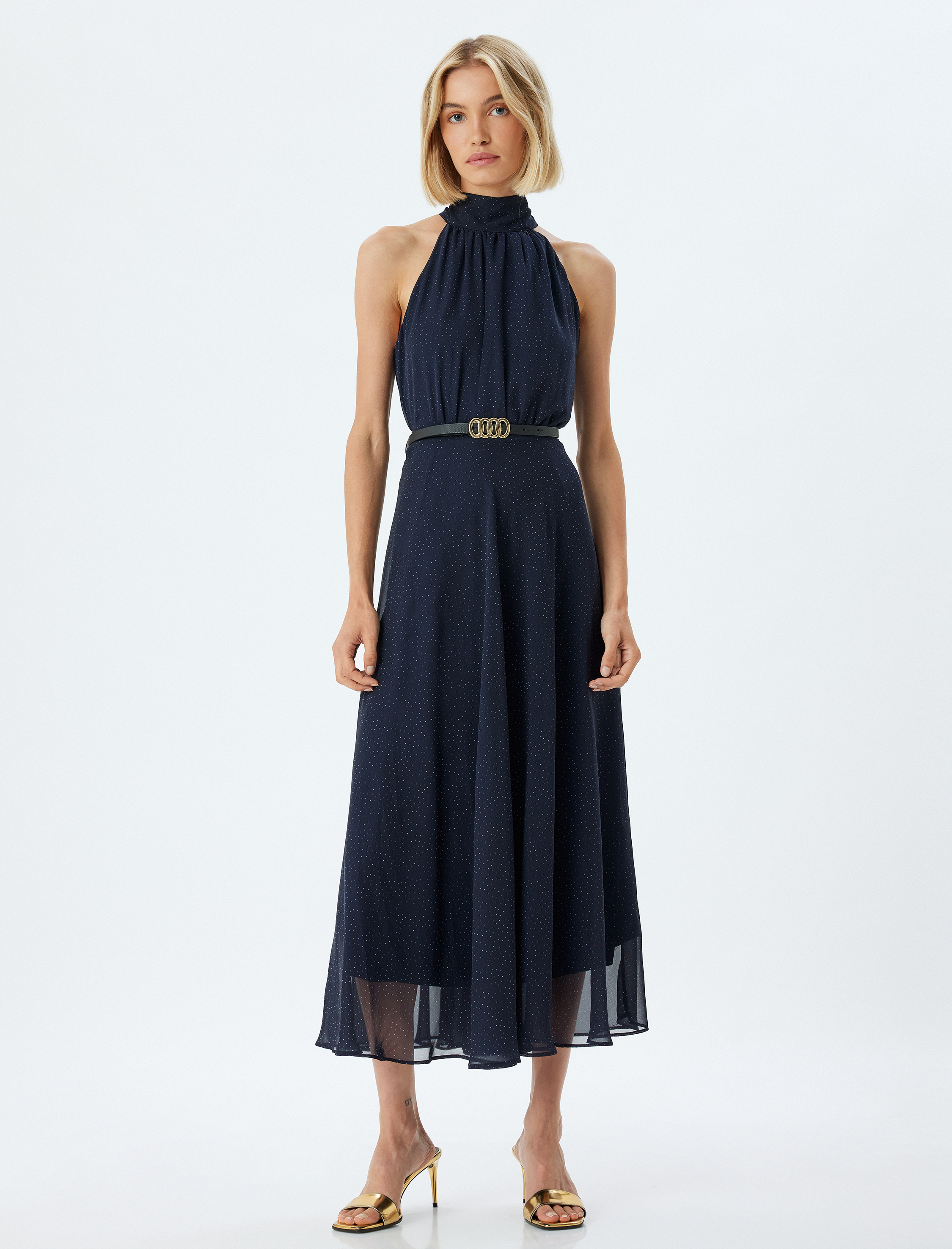   Puantiyeli Halter Yaka Elbise Midi Boy Kemerli Astarlı