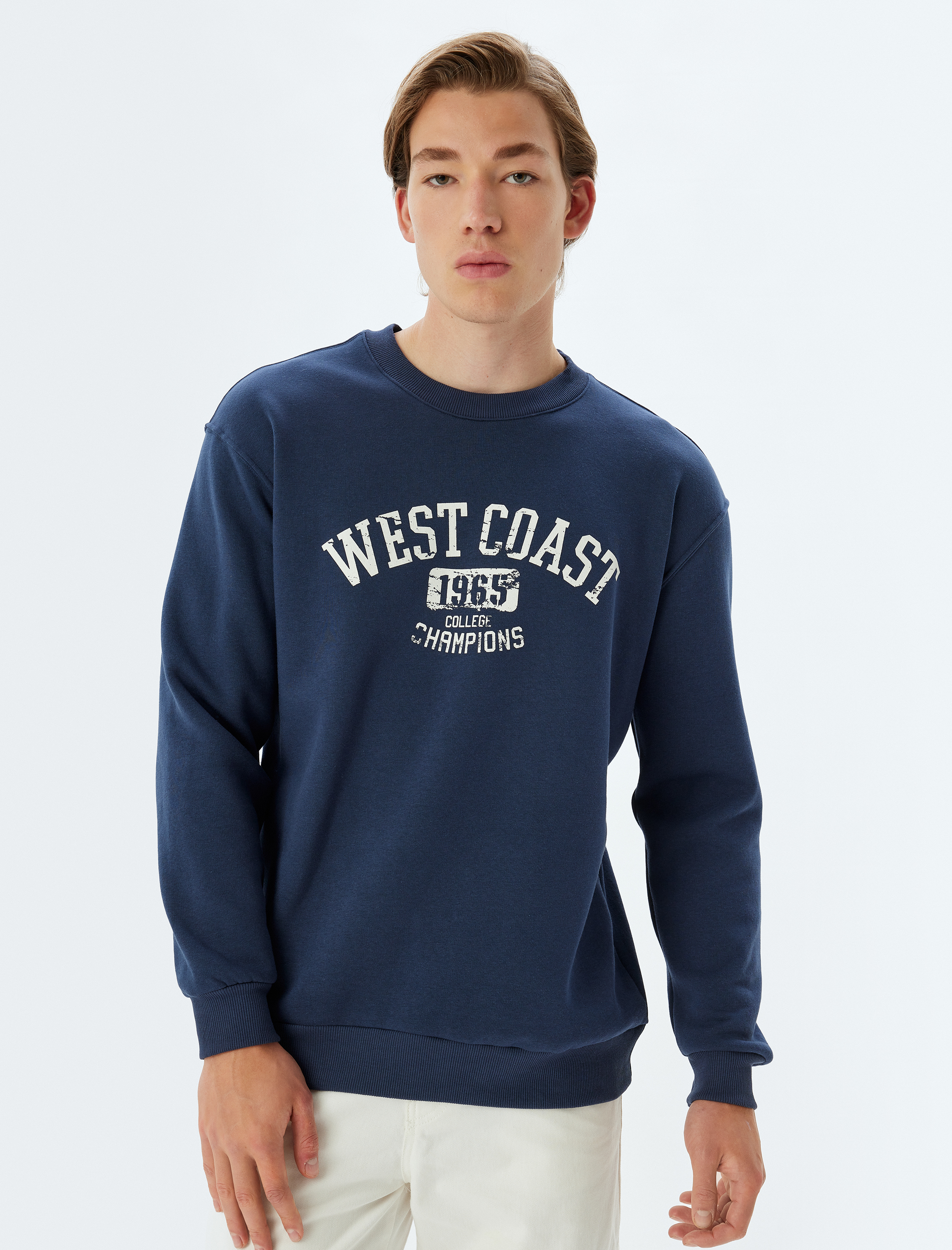 Oversize Sweatshirt Kolej Baskılı Bisiklet Yaka Şardonlu Pamuk Karışımlı