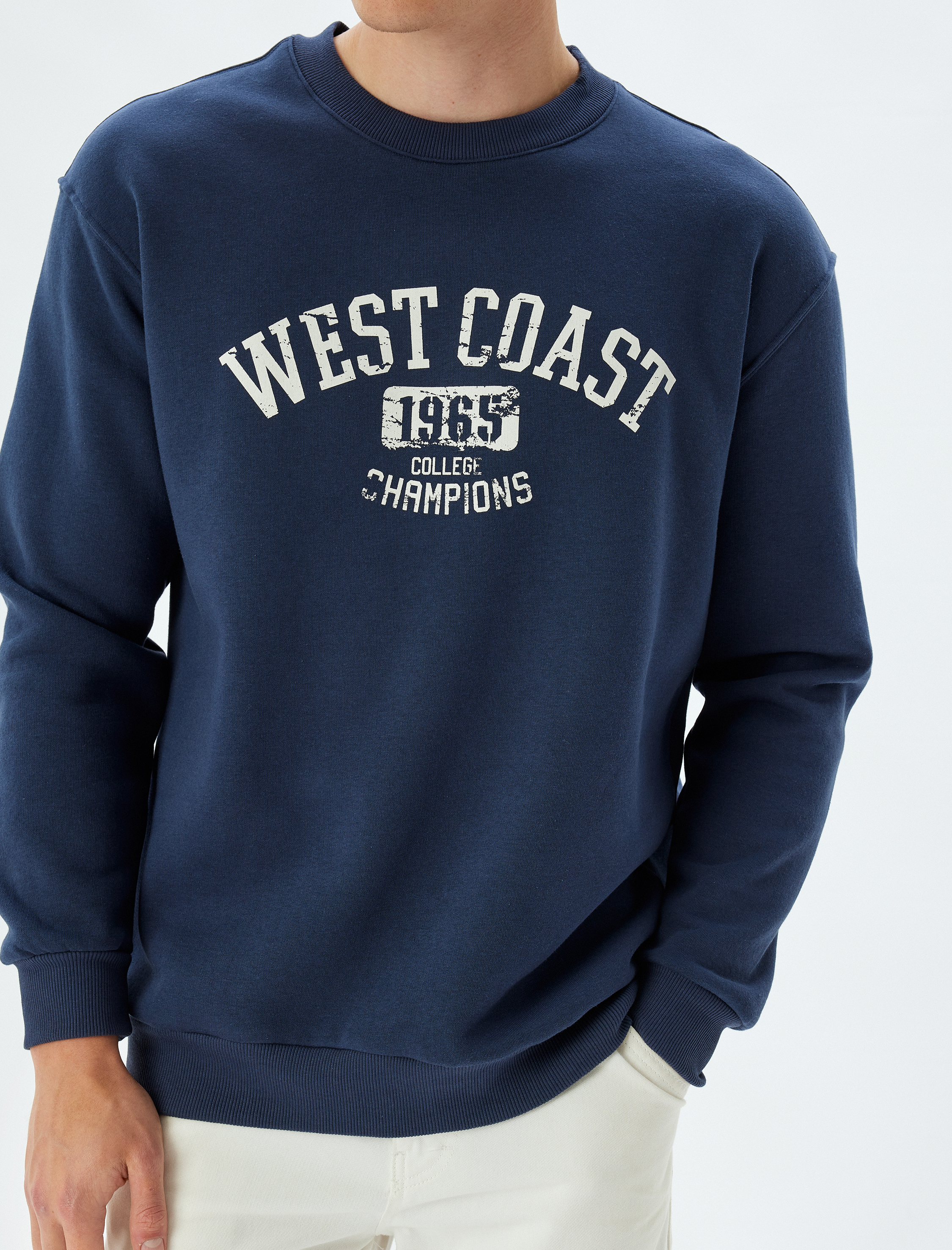 Oversize Sweatshirt Kolej Baskılı Bisiklet Yaka Şardonlu Pamuk Karışımlı