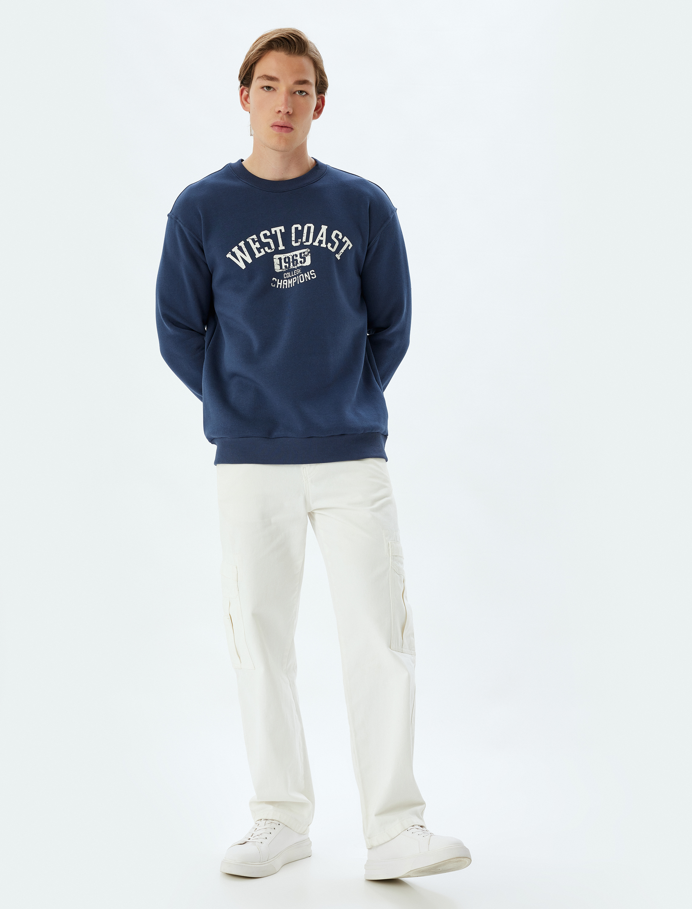Oversize Sweatshirt Kolej Baskılı Bisiklet Yaka Şardonlu Pamuk Karışımlı