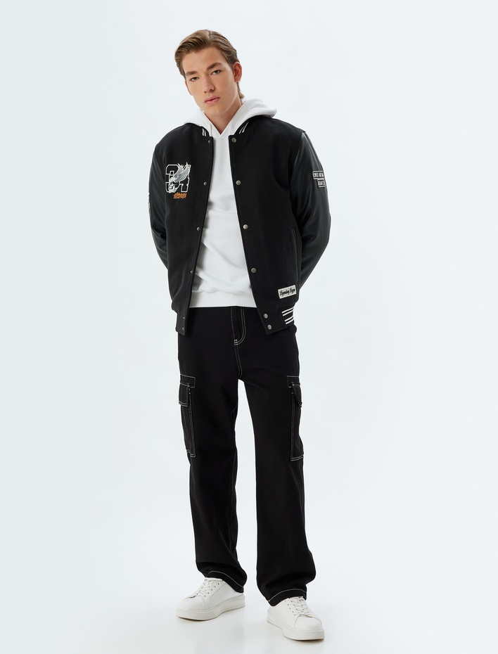  Kolej Ceket Bomber Yaka Slim Fit Baskılı Çıt Çıt Düğmeli Cep Detaylı