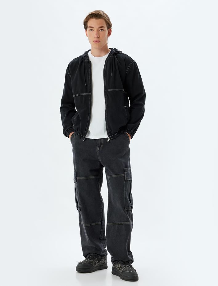  Kapşonlu Kot Ceket Oversize Fermuarlı Cep Detaylı Pamuklu