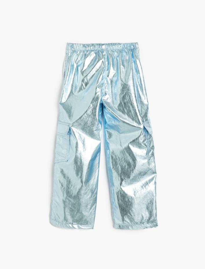 Kız Çocuk Varaklı Parlak Paraşüt Pantolon Cep Detaylı Düğmeli