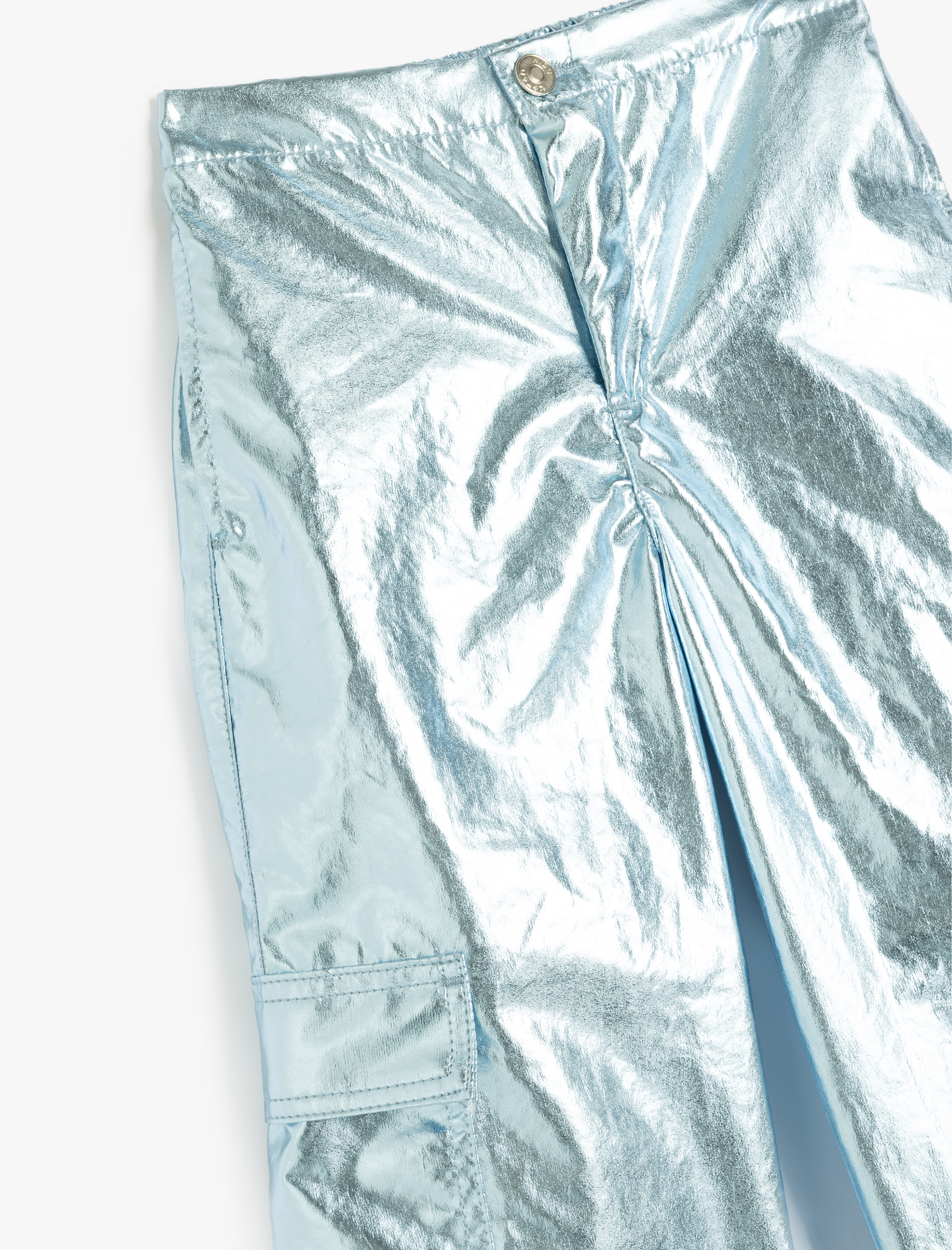  Kız Çocuk Varaklı Parlak Paraşüt Pantolon Cep Detaylı Düğmeli