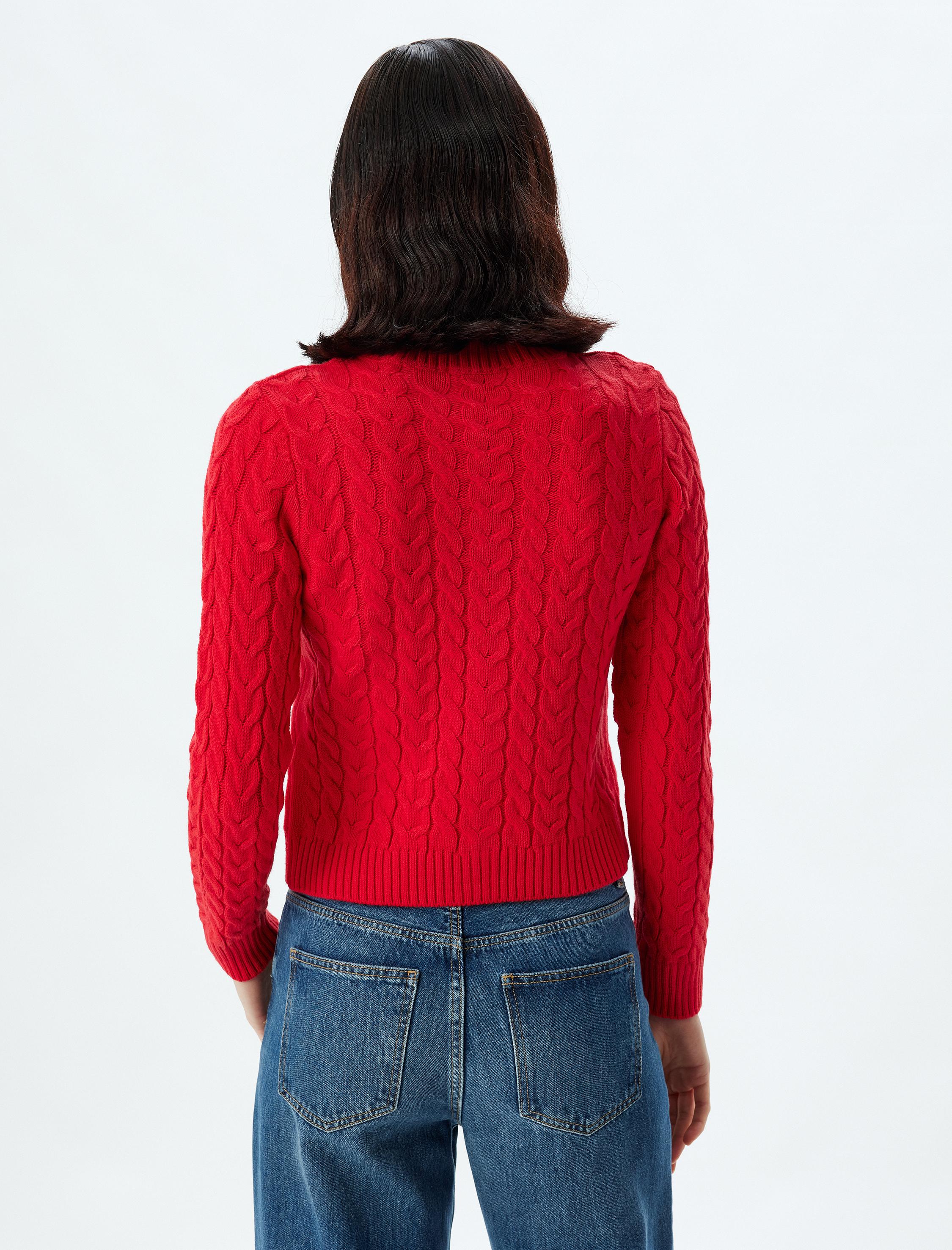   Saç Örgü Hırka Yuvarlak Yaka Uzun Kollu