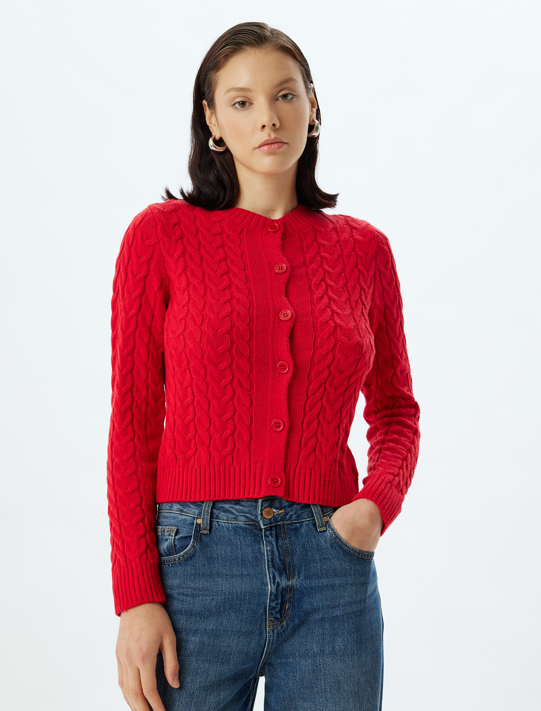   Saç Örgü Hırka Yuvarlak Yaka Uzun Kollu