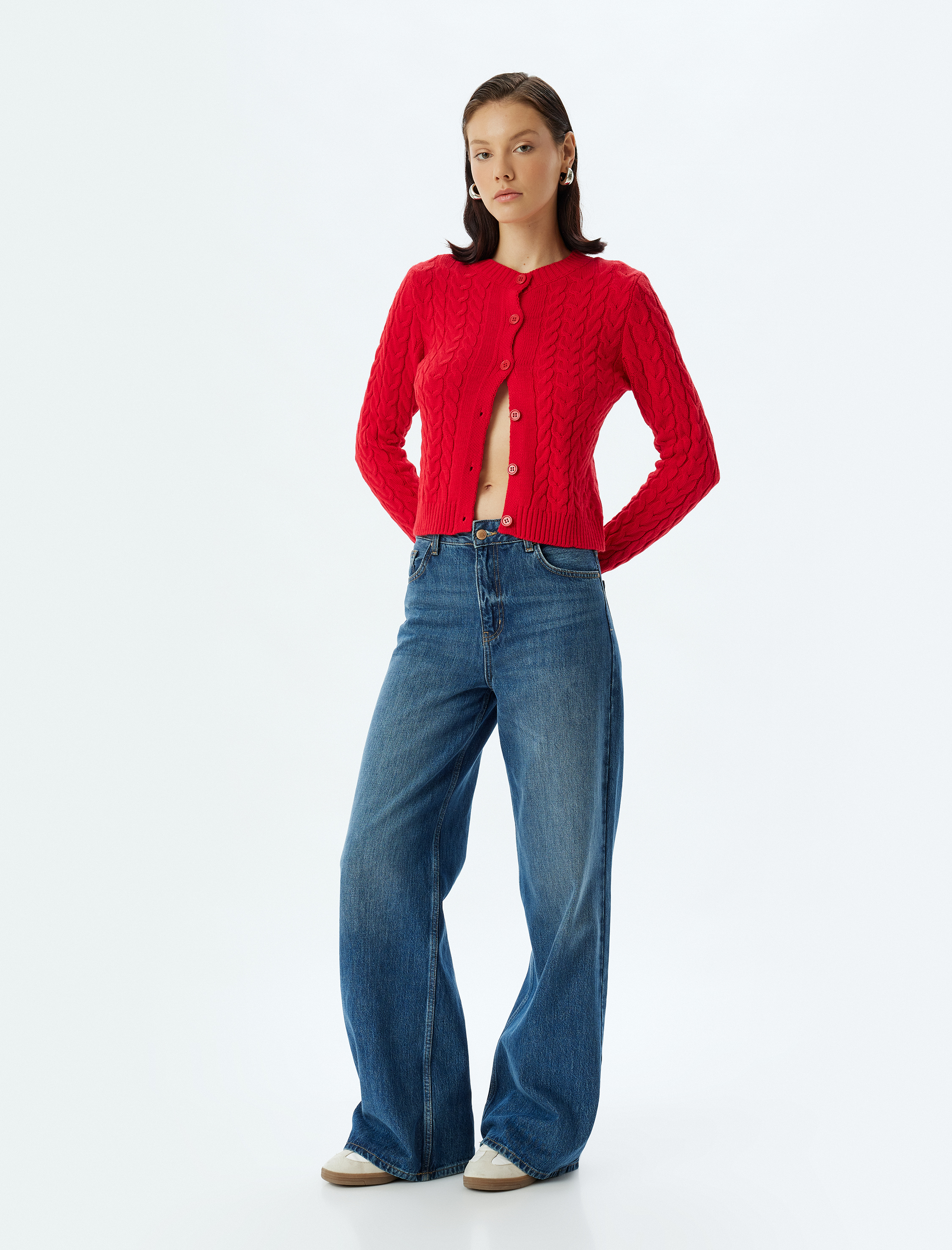   Saç Örgü Hırka Yuvarlak Yaka Uzun Kollu